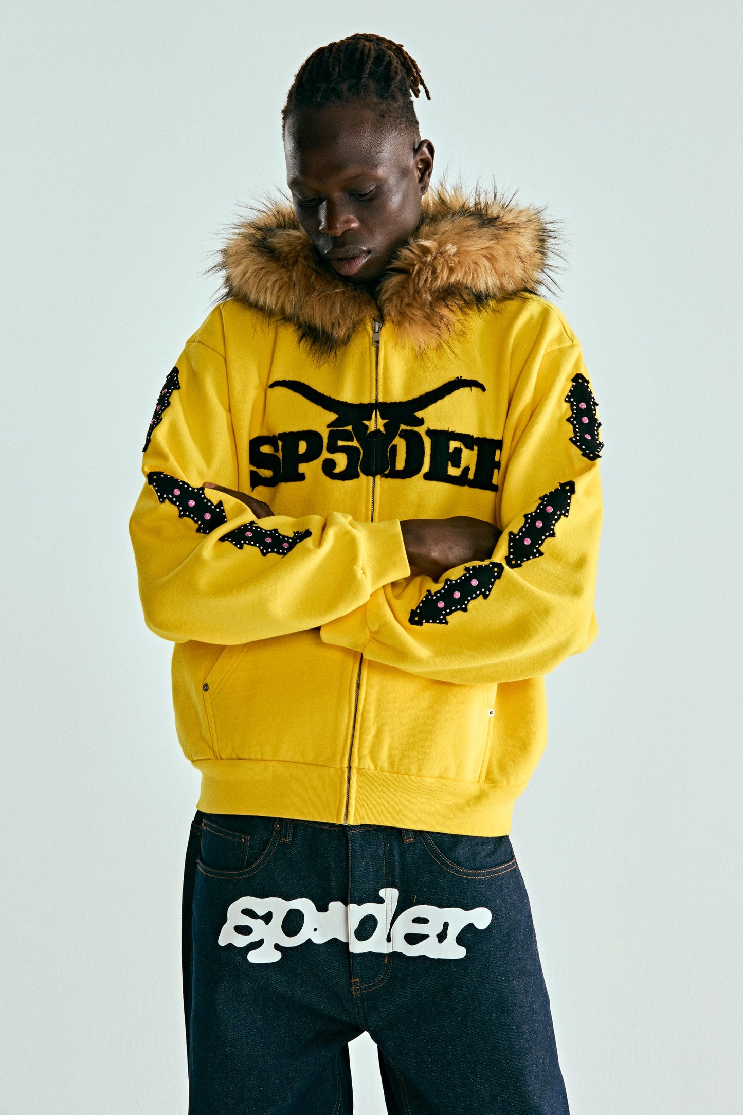 YELLOW FUR HOODED ZIP UP SWEATSHIRT ON MODEL