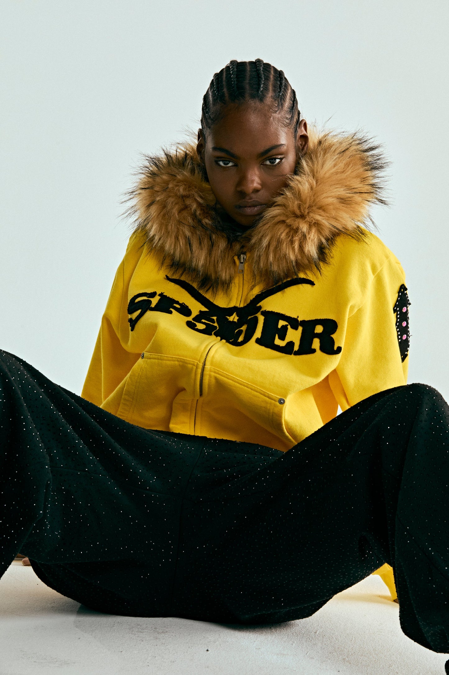 YELLOW FUR HOODED ZIP UP SWEATSHIRT ON MODEL