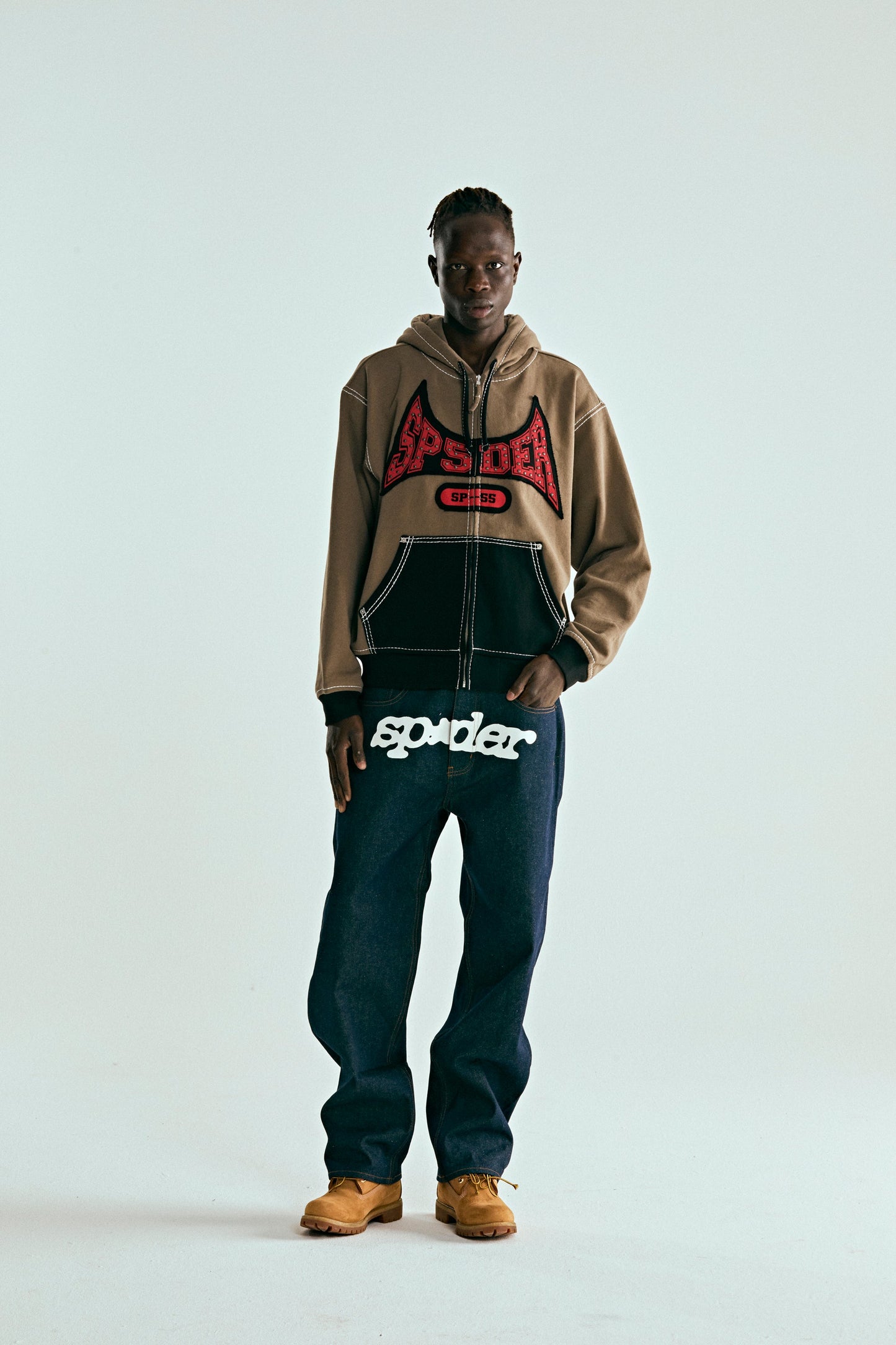 BROWN T&F ZIP HOODIE ON MODEL
