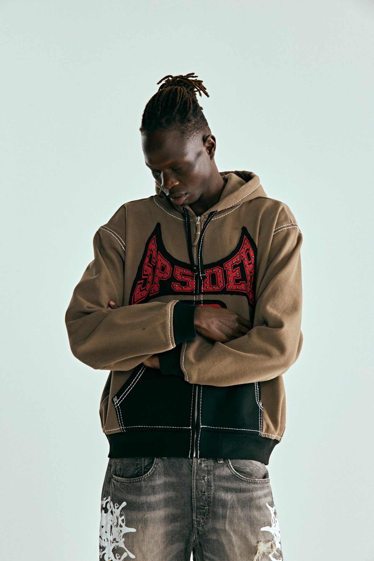 BROWN T&F ZIP HOODIE ON MODEL