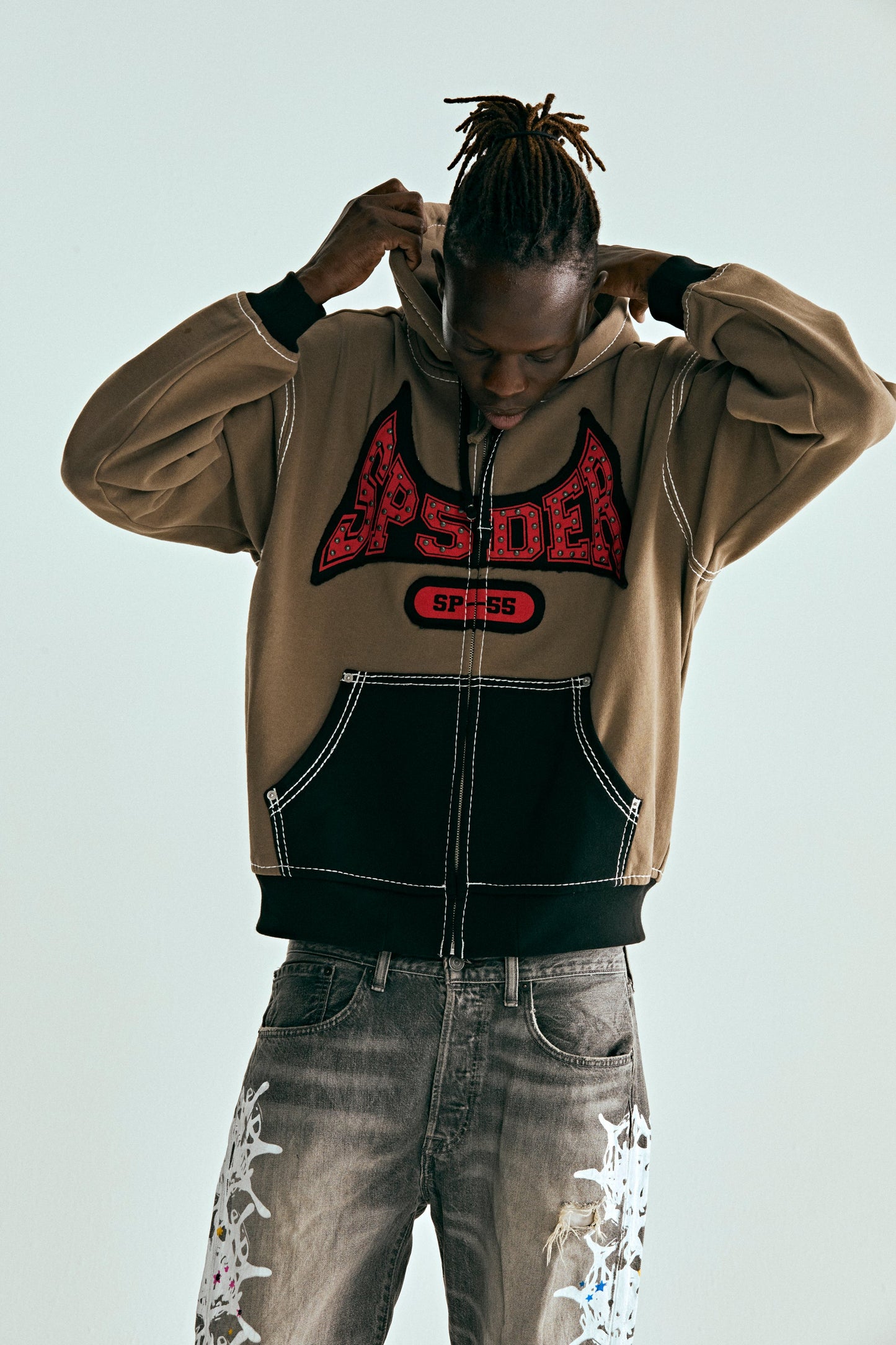 BROWN T&F ZIP HOODIE ON MODEL