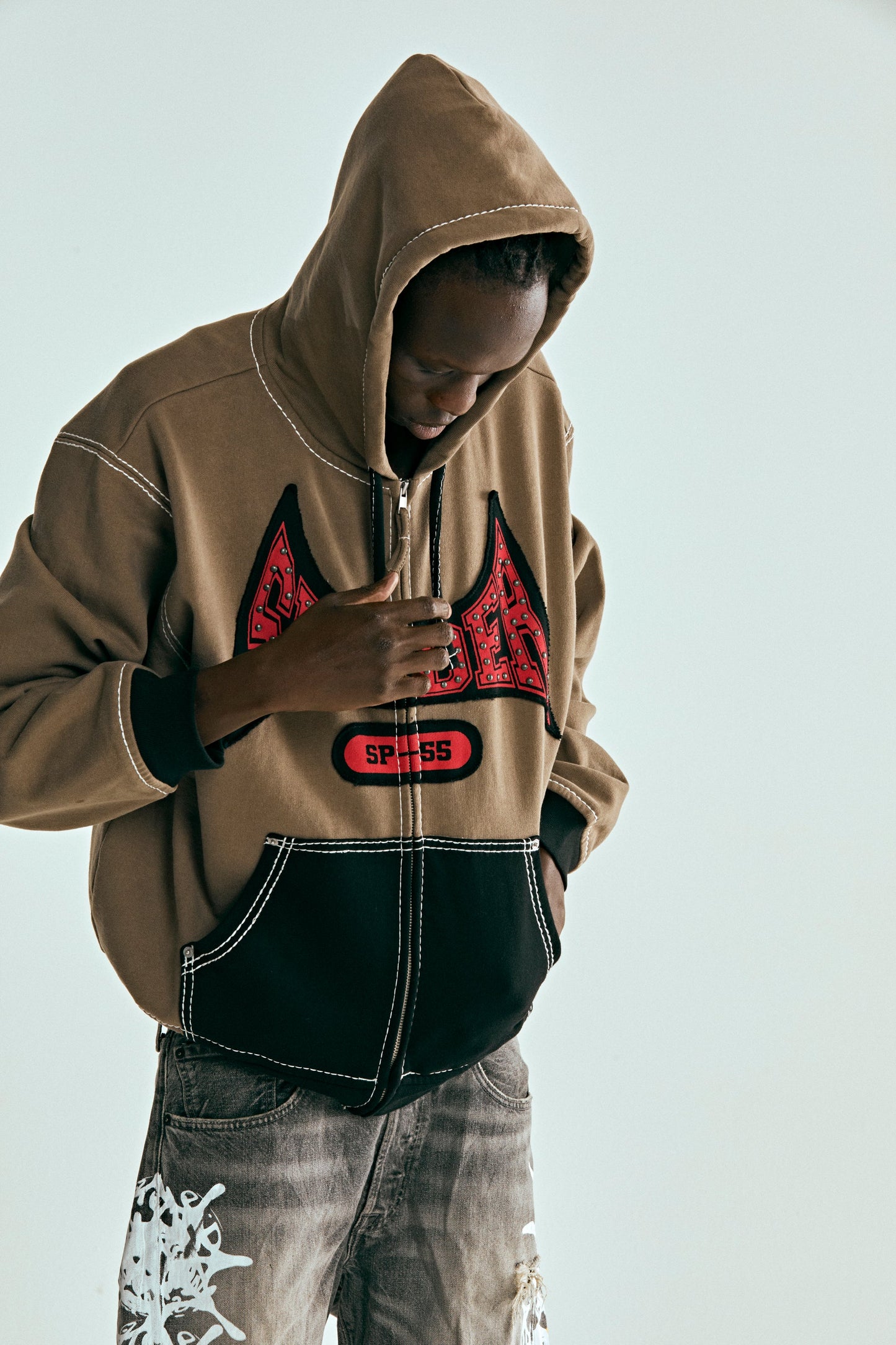 BROWN T&F ZIP HOODIE ON MODEL