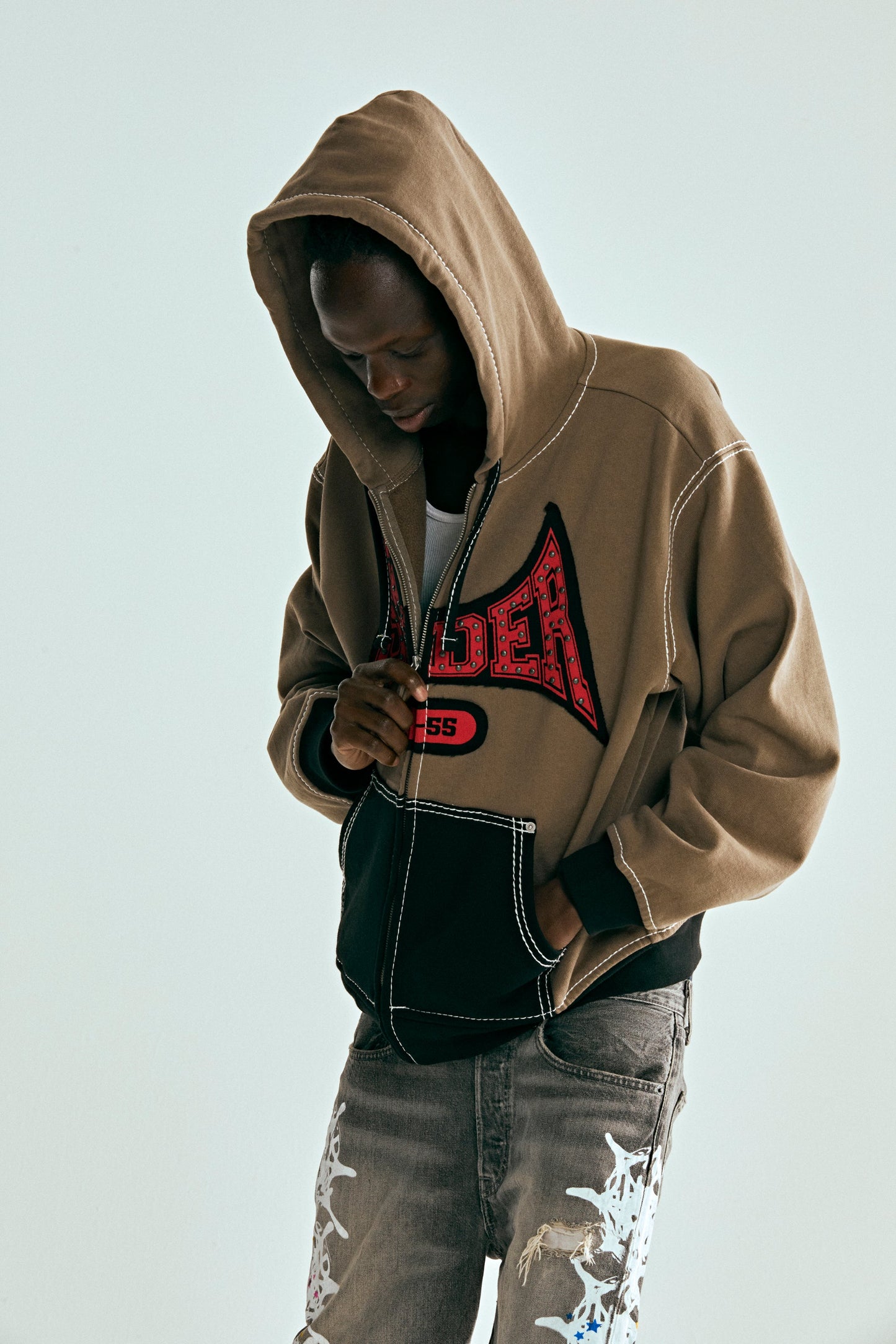 BROWN T&F ZIP HOODIE ON MODEL