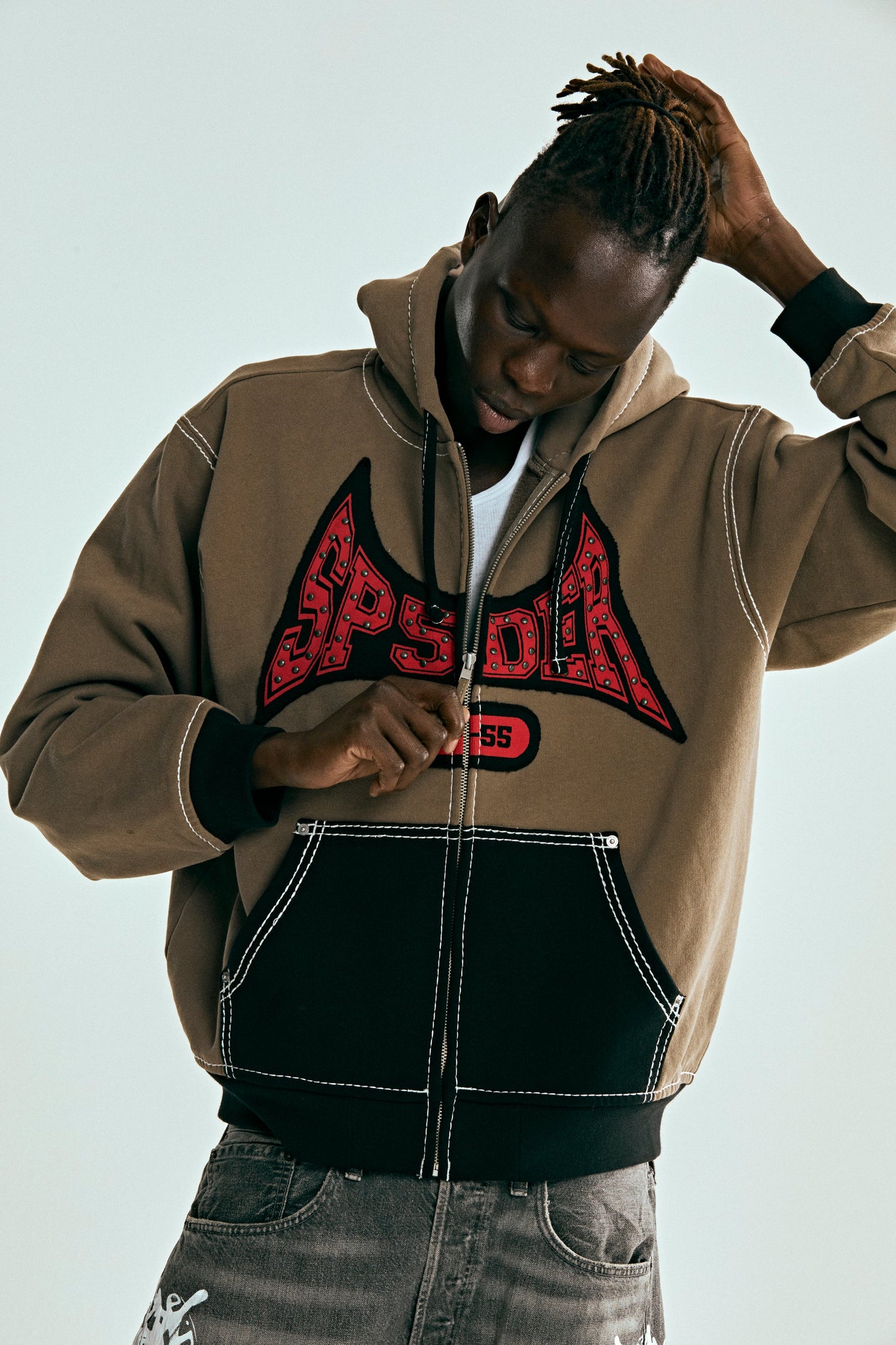 BROWN T&F ZIP HOODIE ON MODEL