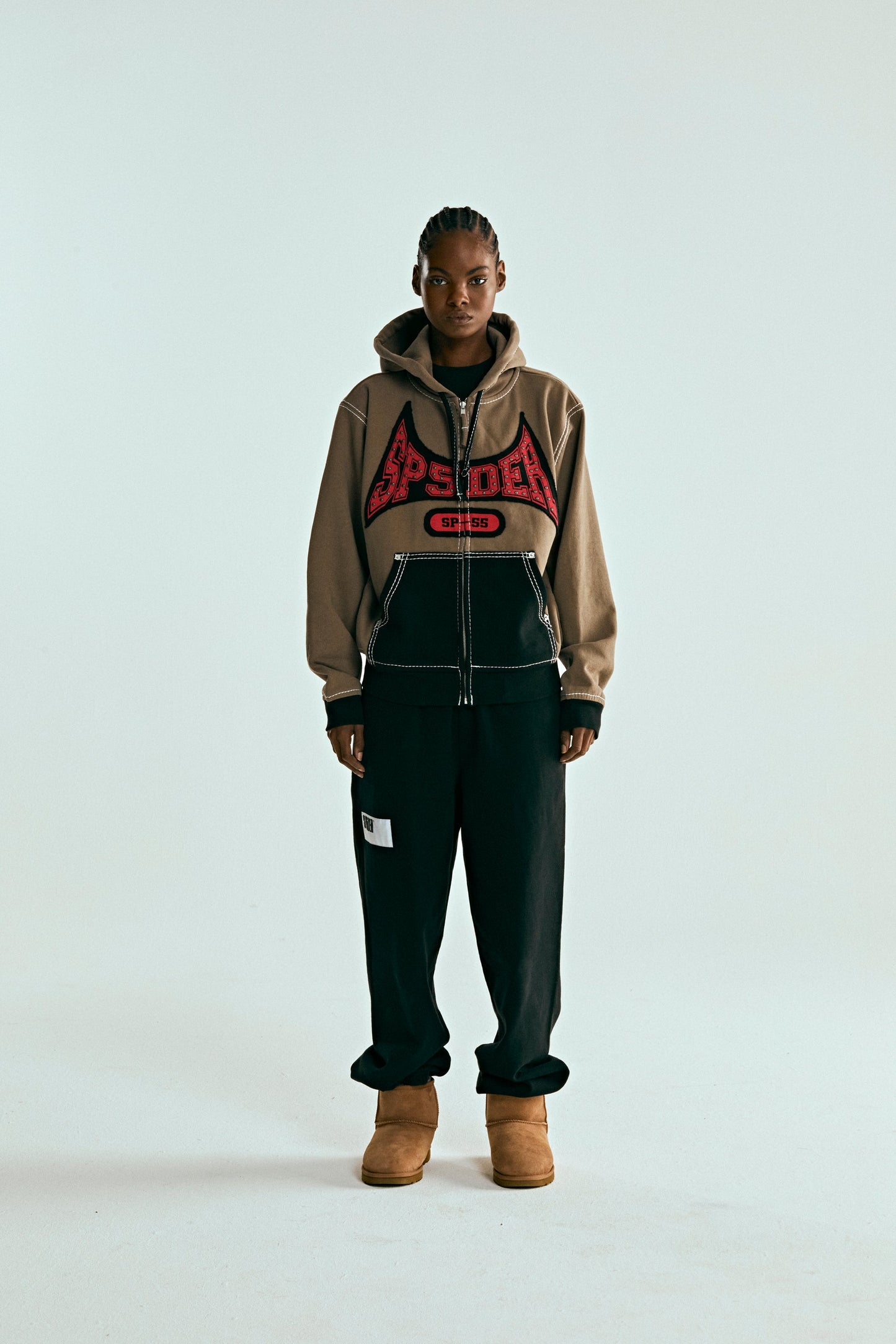 BROWN T&F ZIP HOODIE ON MODEL