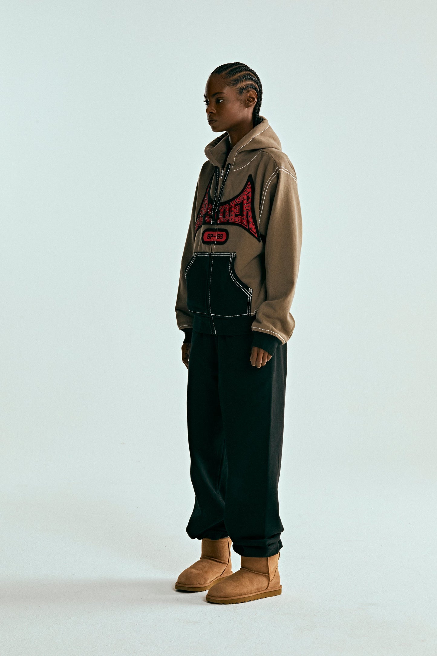 BROWN T&F ZIP HOODIE ON MODEL