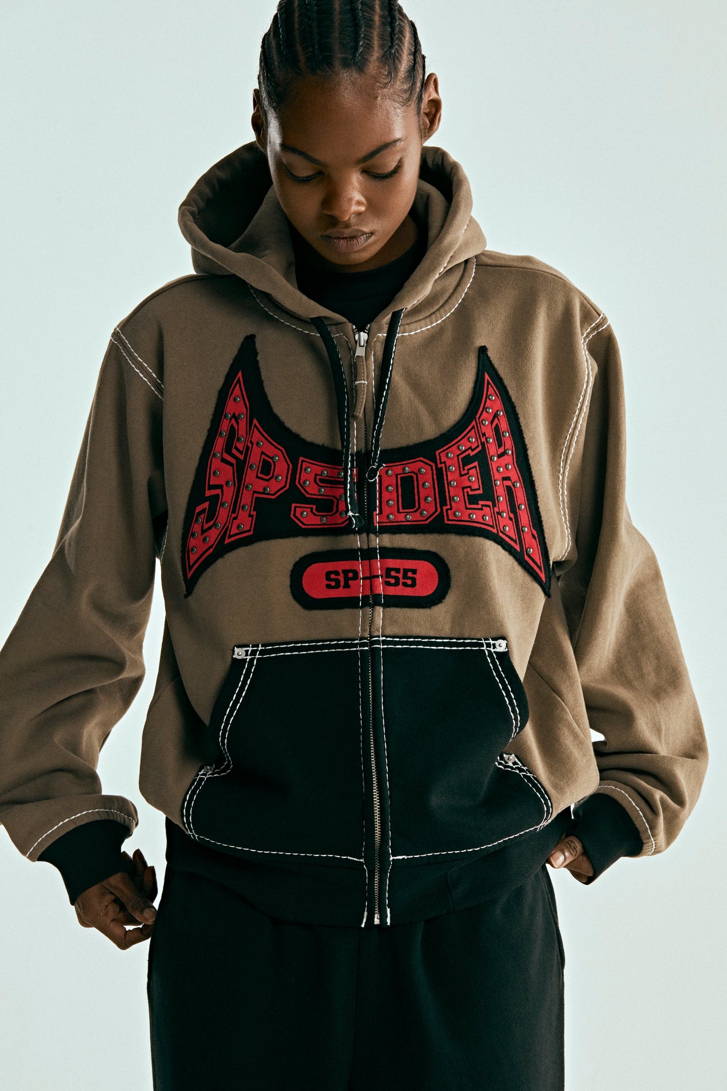 BROWN T&F ZIP HOODIE ON MODEL