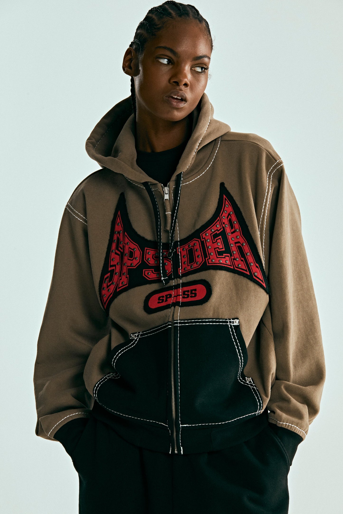 BROWN T&F ZIP HOODIE ON MODEL