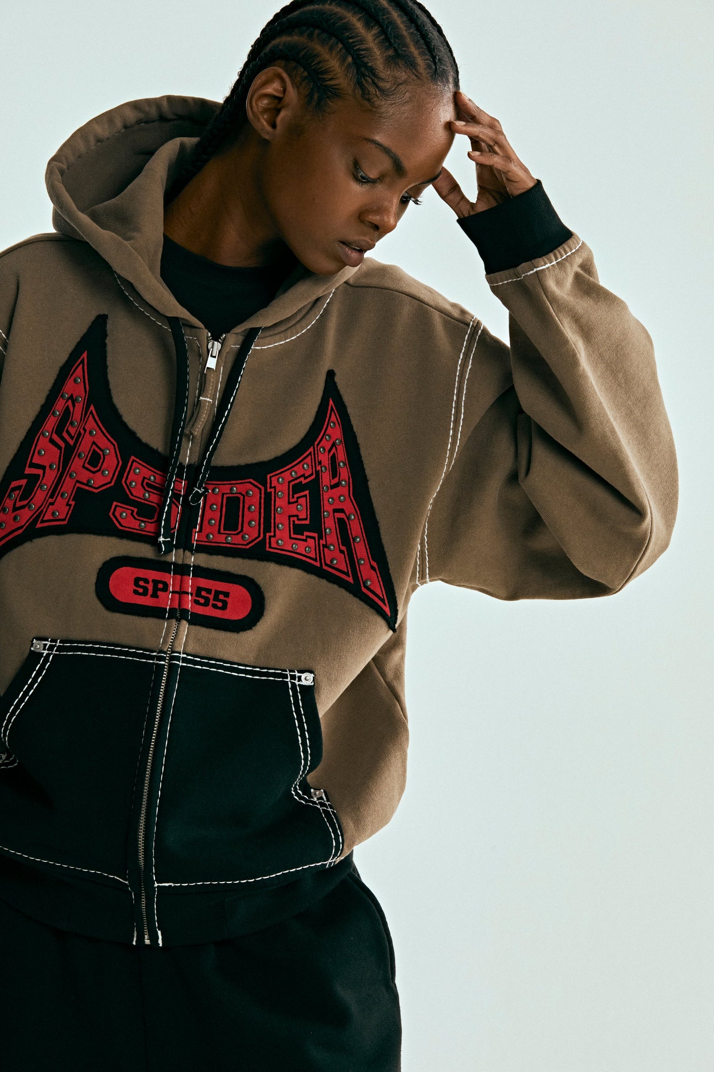 BROWN T&F ZIP HOODIE ON MODEL