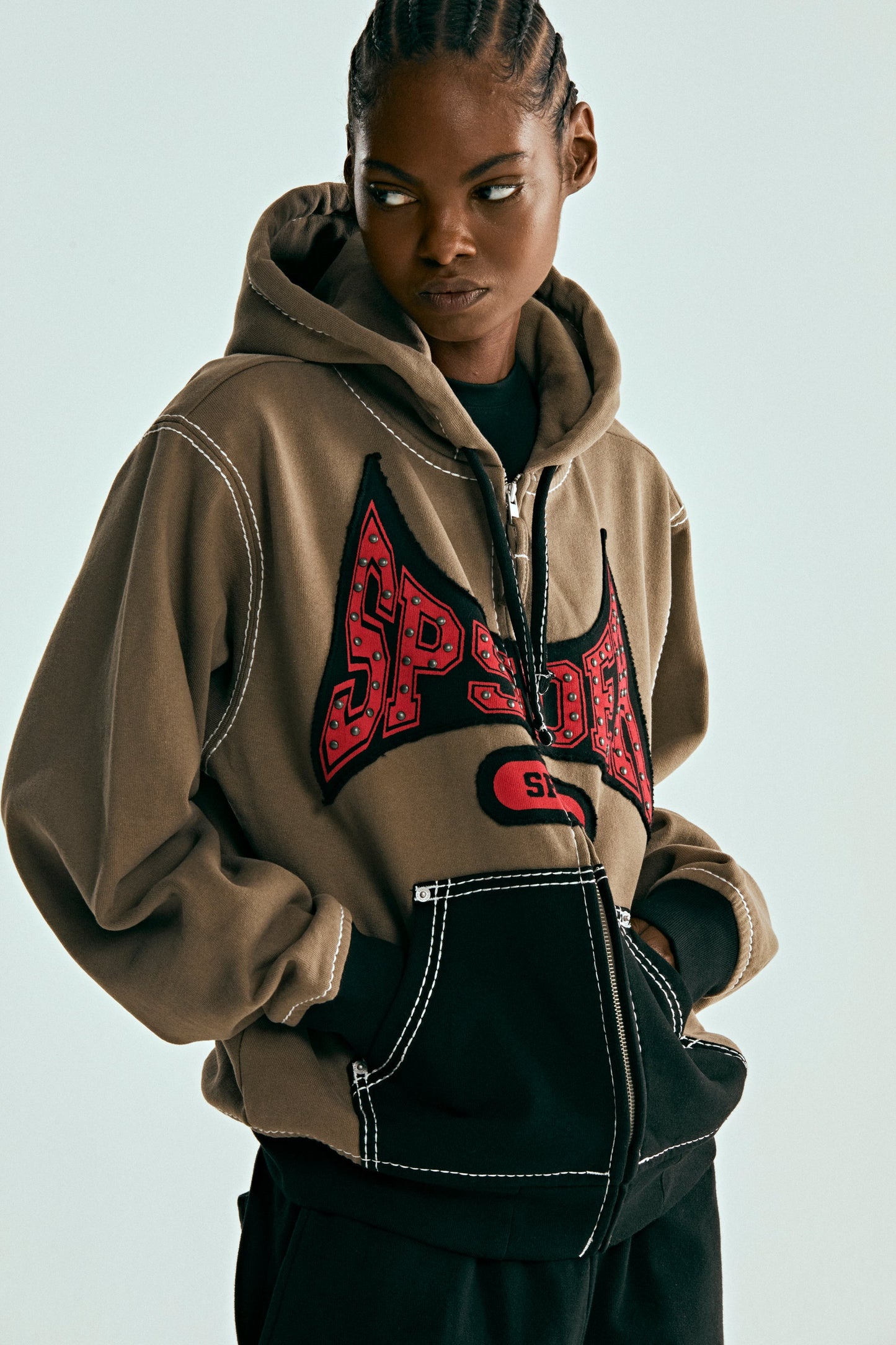 BROWN T&F ZIP HOODIE ON MODEL