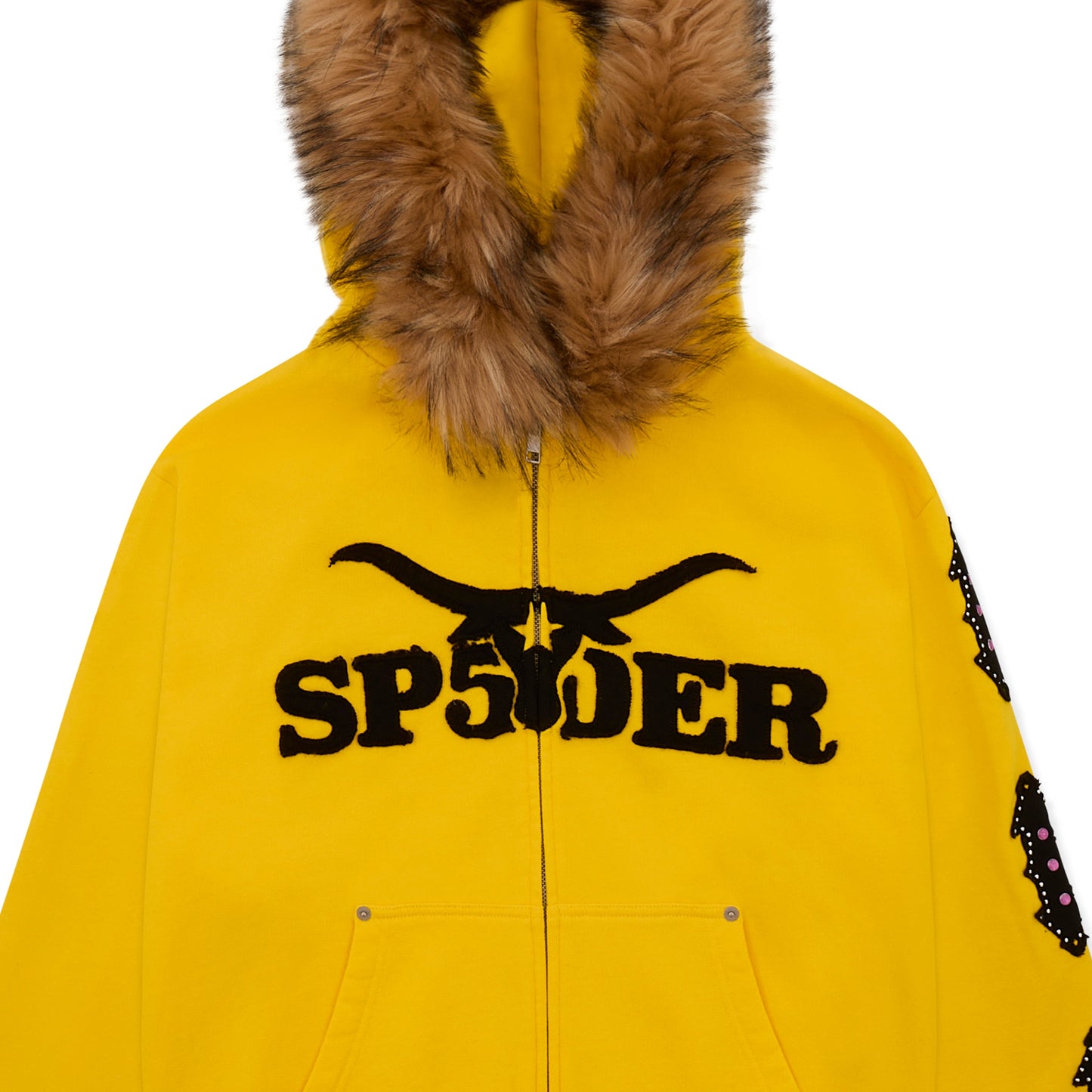 YELLOW FUR HOODED ZIP UP SWEATSHIRT