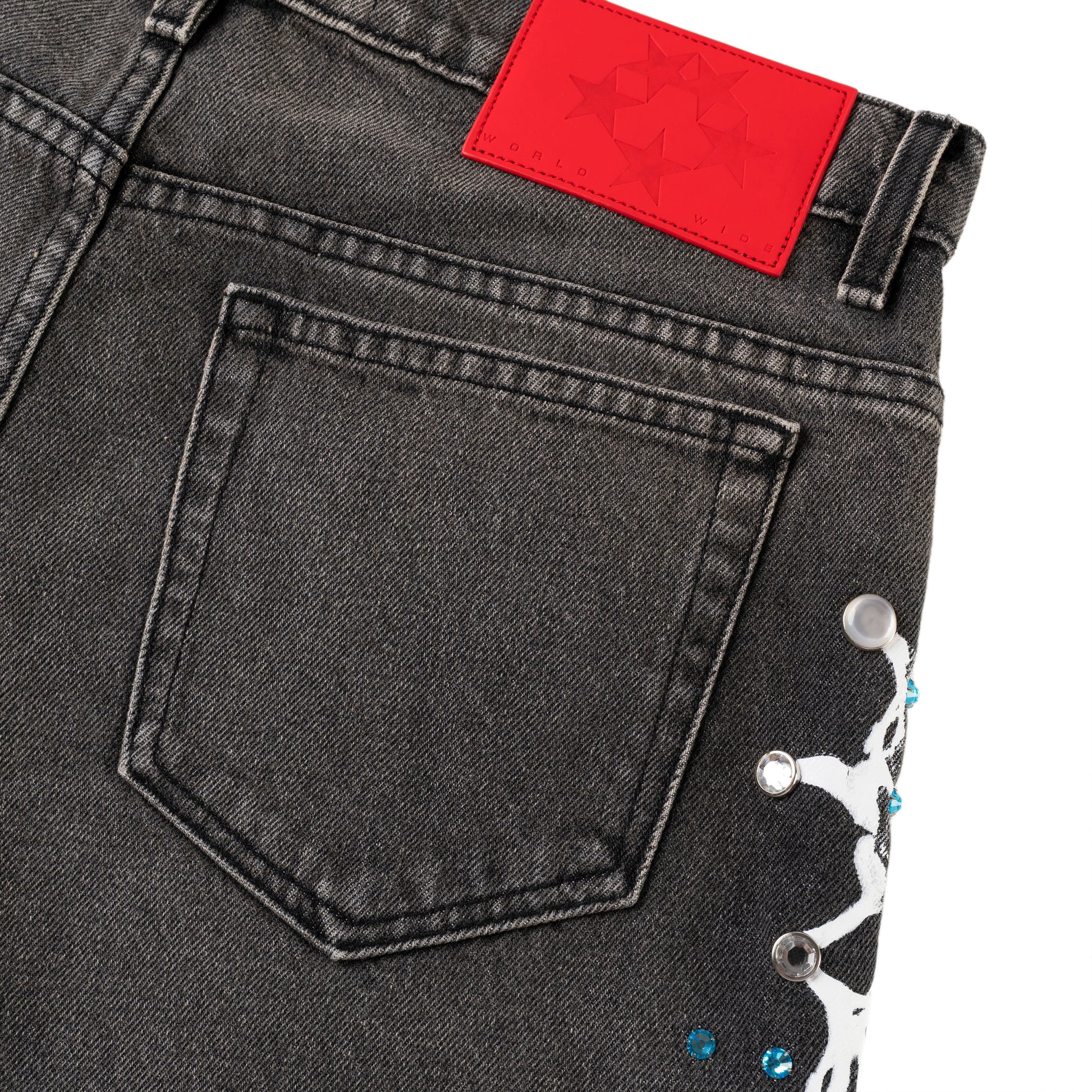 BLACK WASH WEB STONE DENIM SHORTS