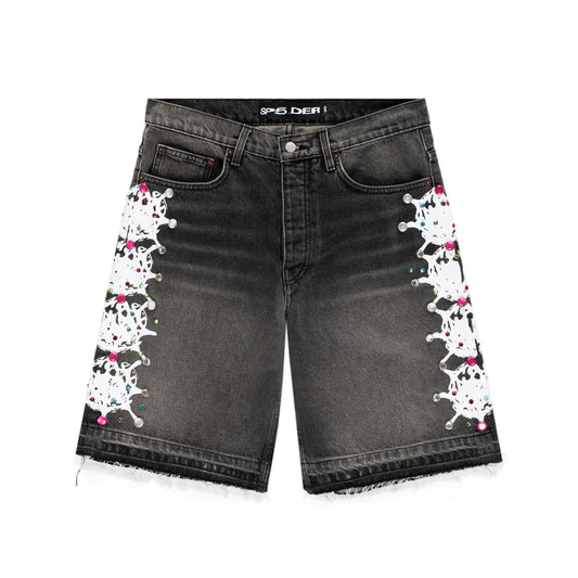 BLACK WASH WEB STONE DENIM SHORTS