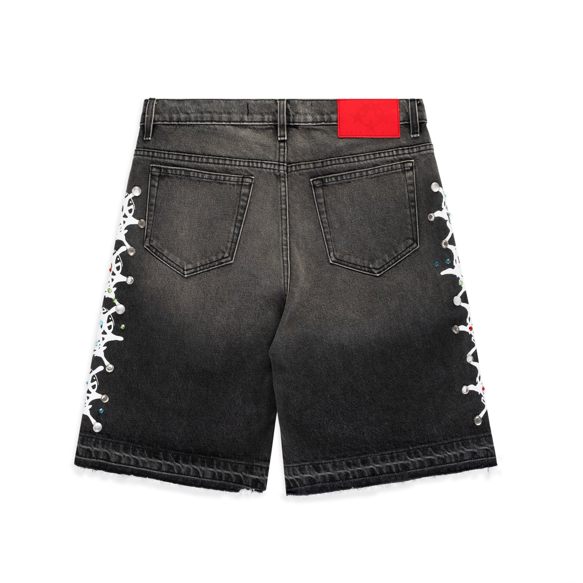 BLACK WASH WEB STONE DENIM SHORTS