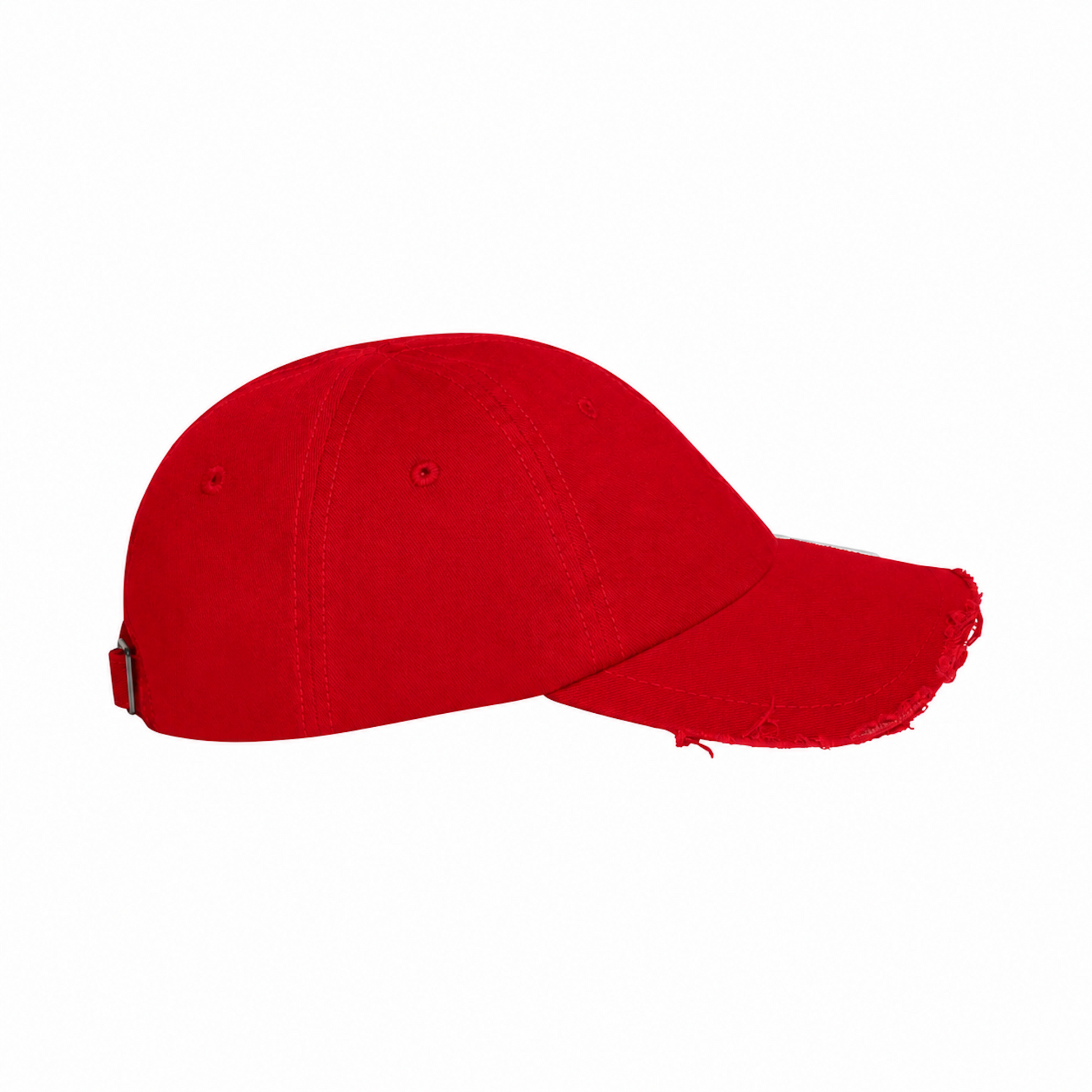Bright red baseball cap with a curved, distressed brim and adjustable metal back closure.