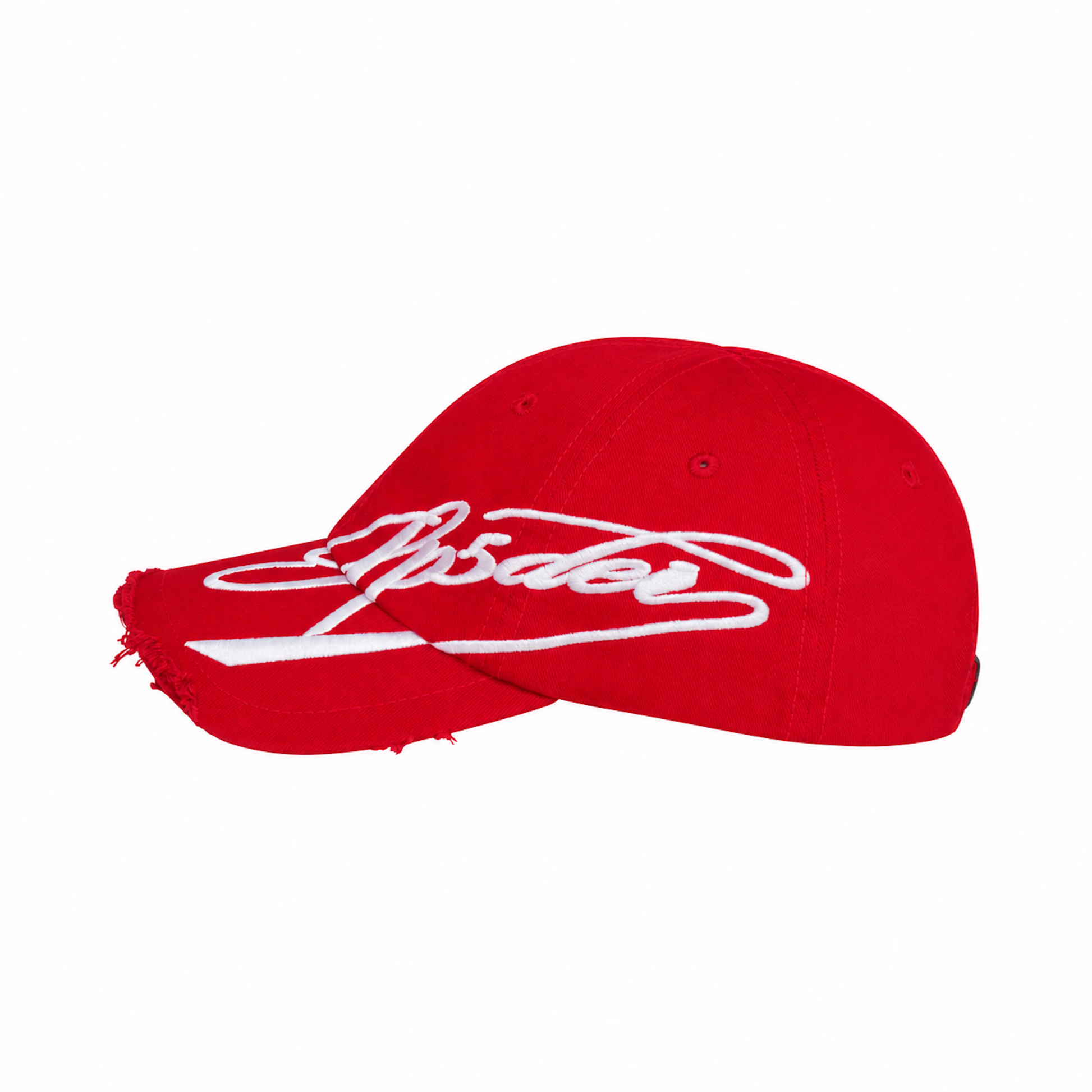 Red baseball cap with distressed brim edges and white cursive graphic embroidery extending from the front to the side.