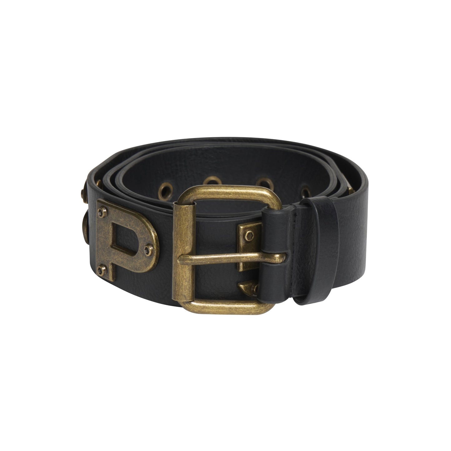 Black leather belt featuring an antique brass buckle and oversized metal letter graphic design with adjustable holes.