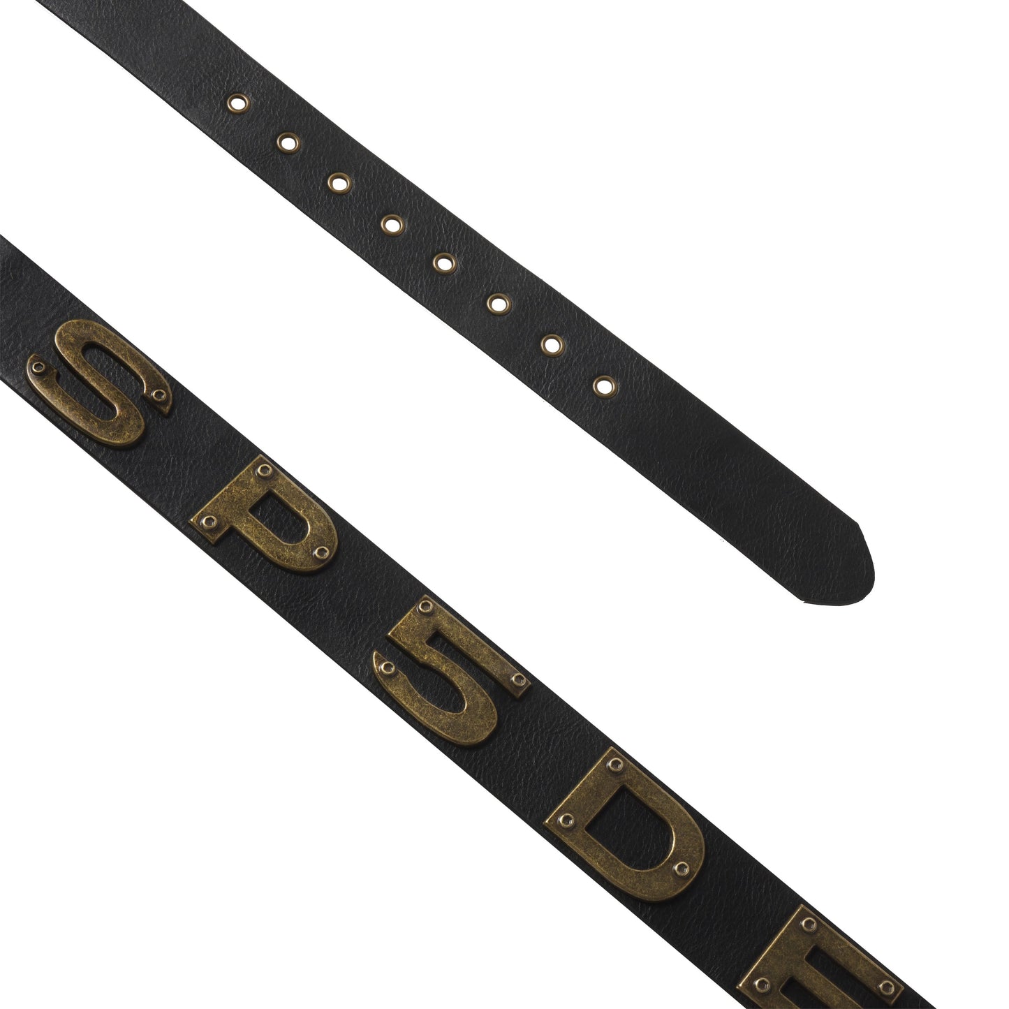 Black leather belt featuring oversized antique-finish metal letter graphics and adjustable buckle holes.