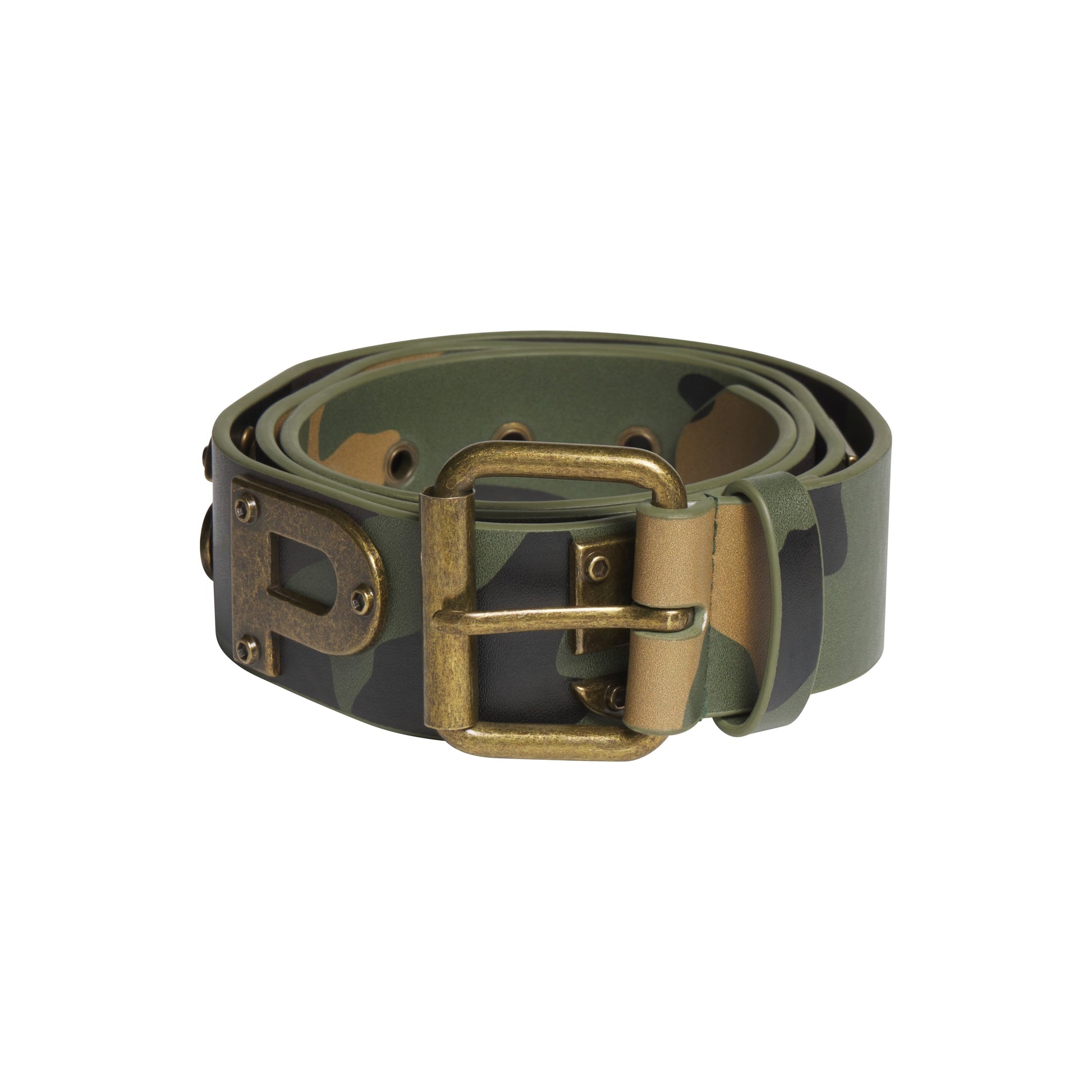 Leather belt with green camouflage graphic print and an antique-finish metal buckle featuring oversized letter detailing.