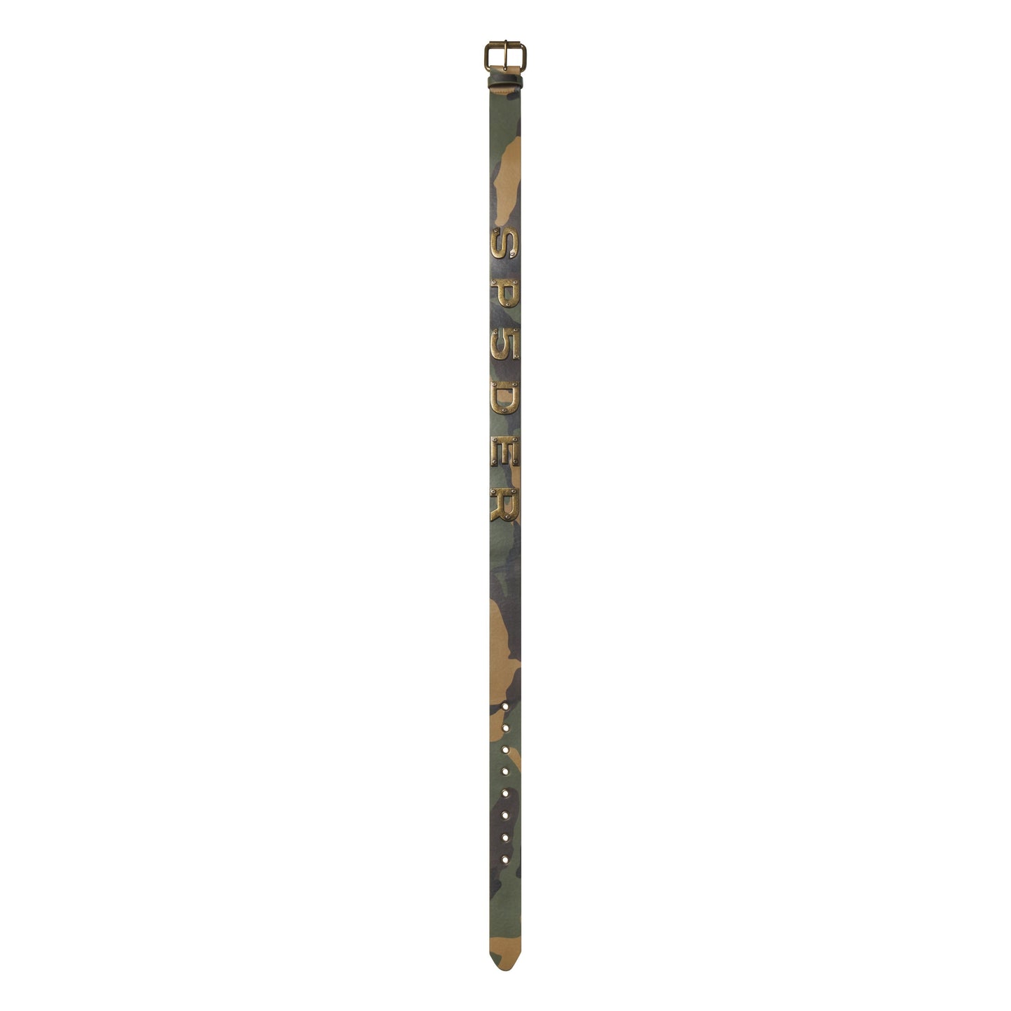 Leather belt with camouflage graphic print, antique-finish metal buckle, and oversized metal letter detailing.