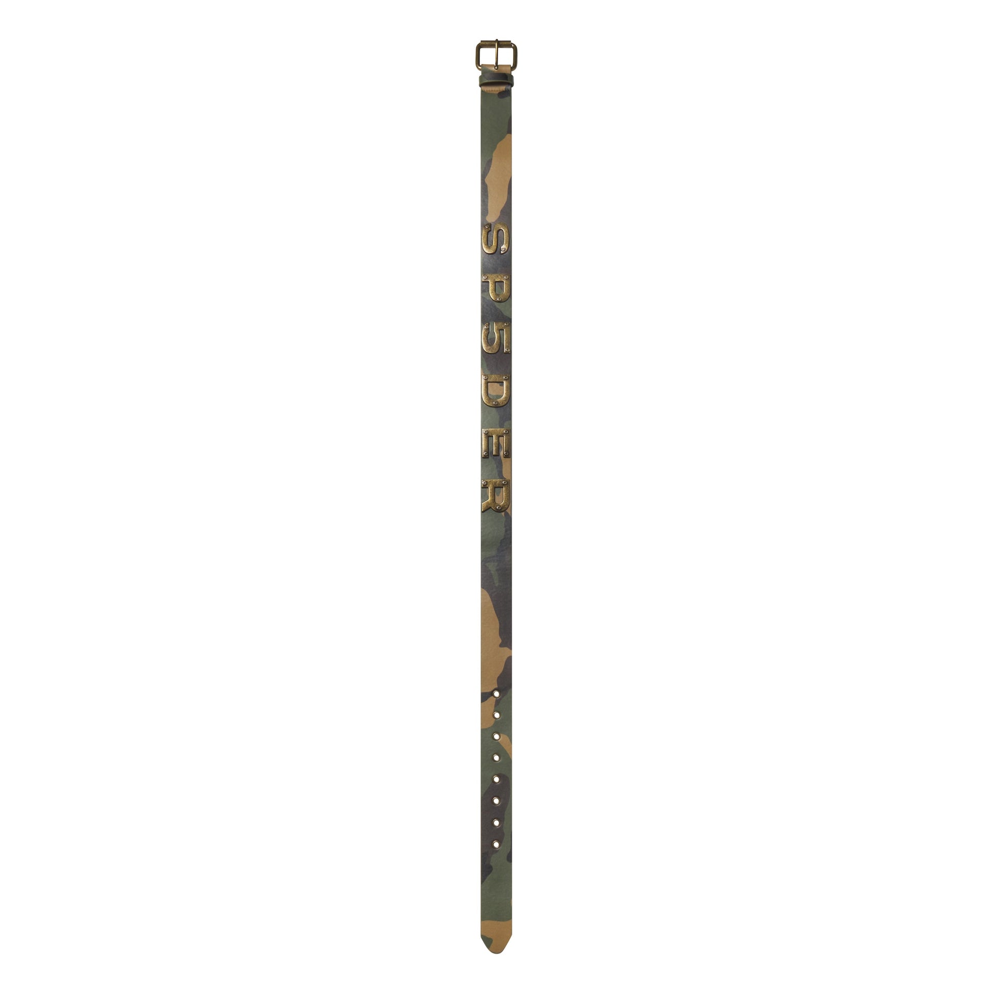 Leather belt with camouflage graphic print, antique-finish metal buckle, and oversized metal letter detailing.