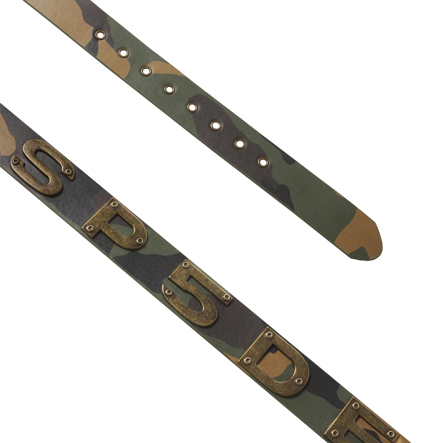 Leather belt with green camouflage graphic print, featuring oversized antique-finish metal letter detailing and buckle holes.