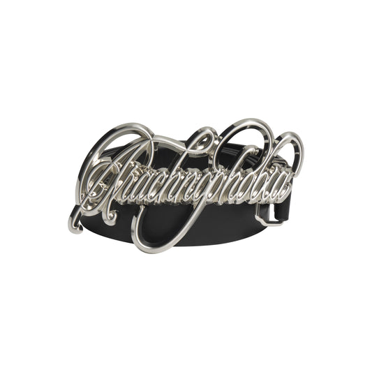 Black leather belt featuring a polished silver-tone buckle with an Arachnophobia graphic design logo.