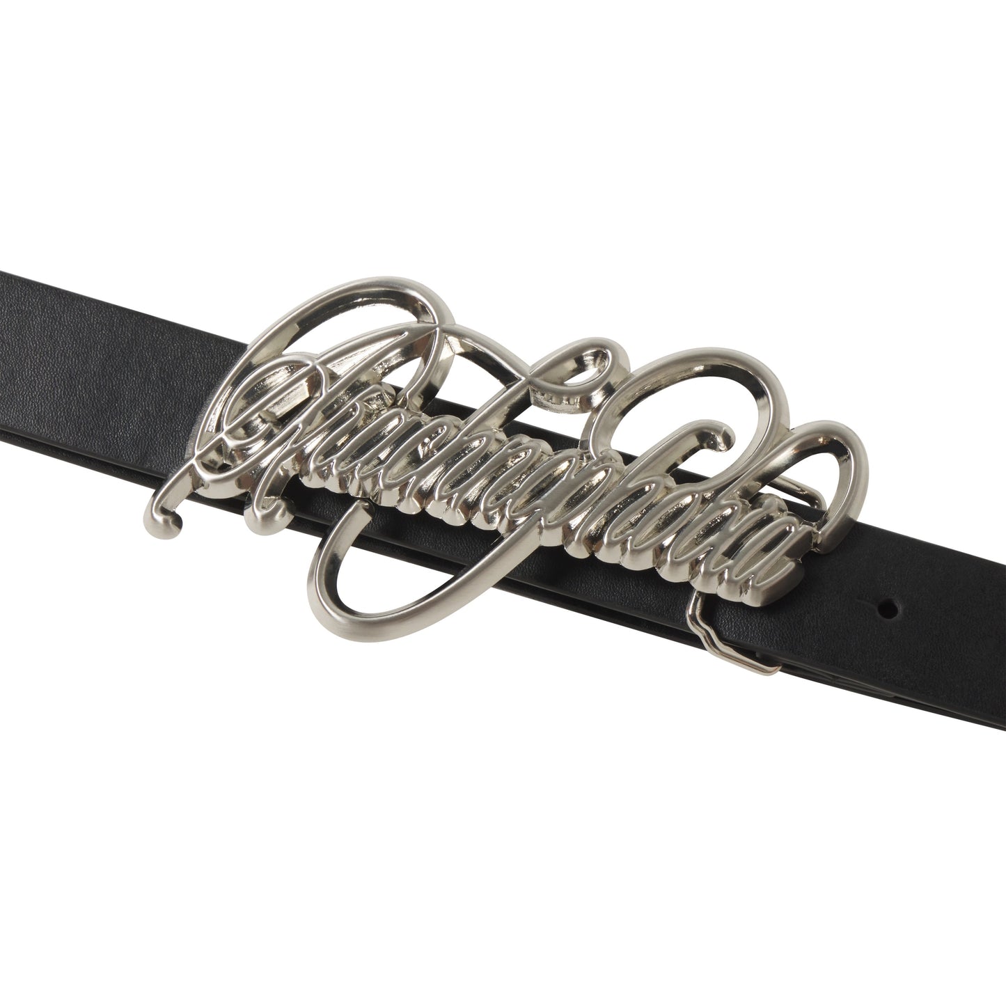 Black leather belt featuring a polished silver-tone buckle with a stylized Arachnophobia graphic design.