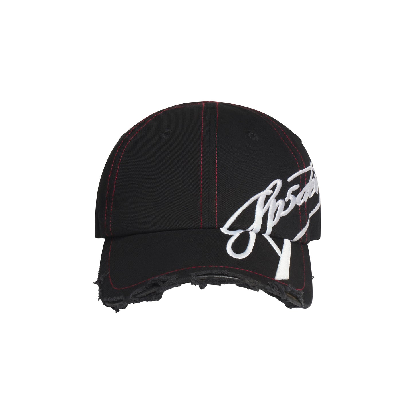 Black baseball hat with red stitching, distressed brim, and white cursive graphic embroidery extending to the side.