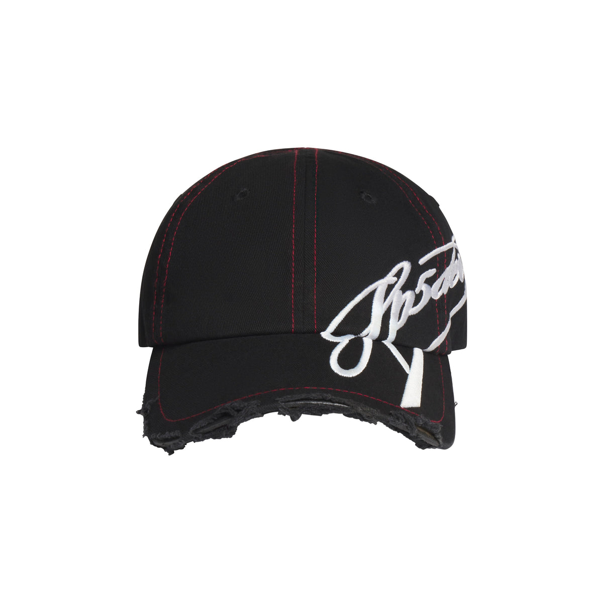Black baseball hat with red stitching, distressed brim, and white cursive graphic embroidery extending to the side.