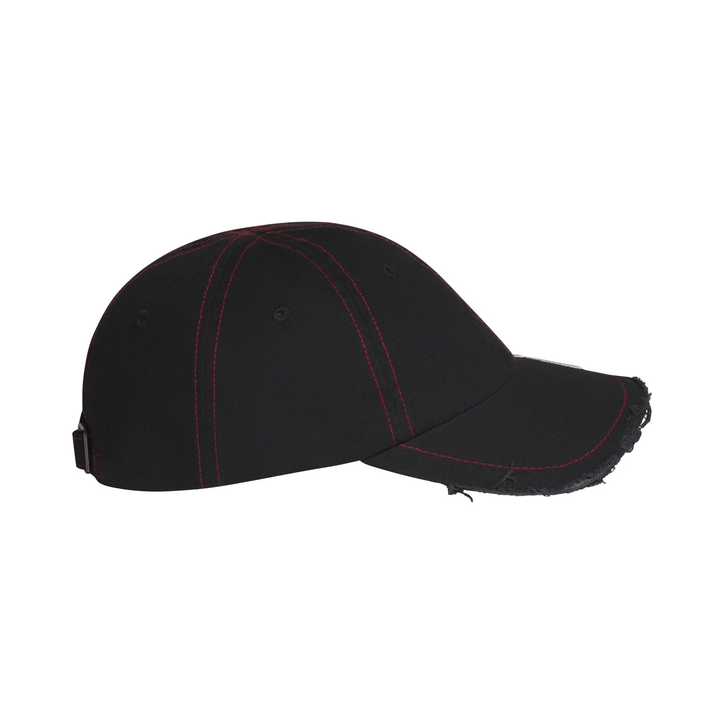 Black baseball cap with red contrast stitching, curved brim, and distressed edge detailing, featuring an adjustable back strap.