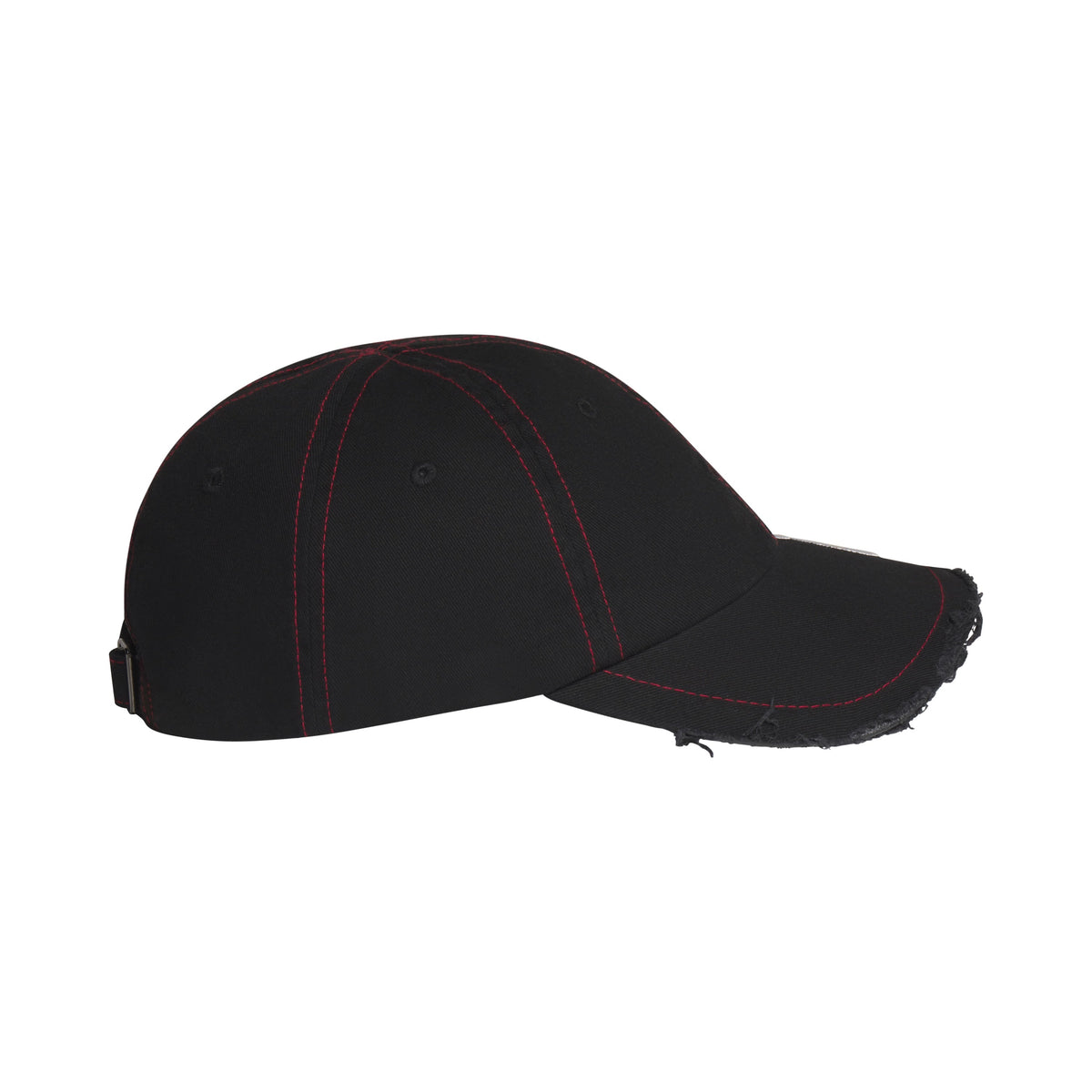 Black baseball cap with red contrast stitching, curved brim, and distressed edge detailing, featuring an adjustable back strap.