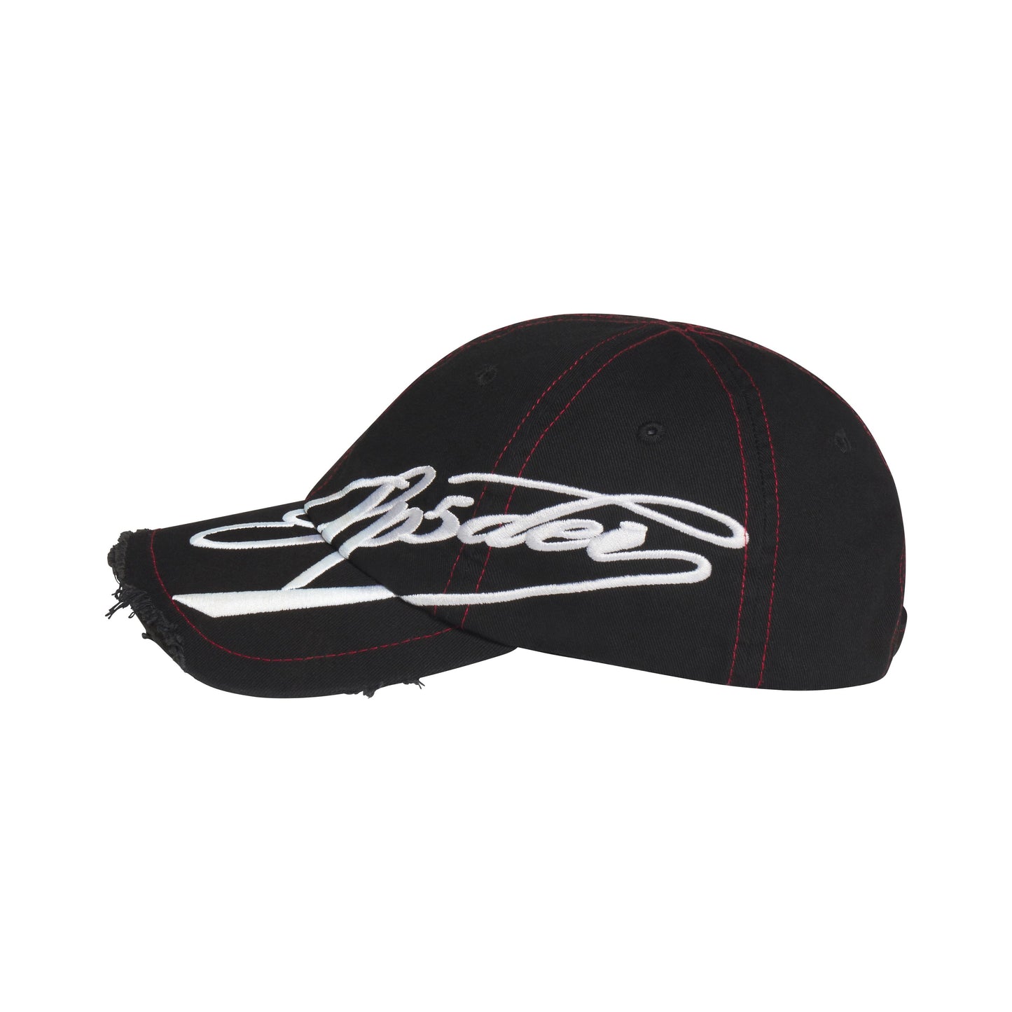 Black baseball cap with distressed brim, red contrast stitching, and white cursive embroidered graphic design.