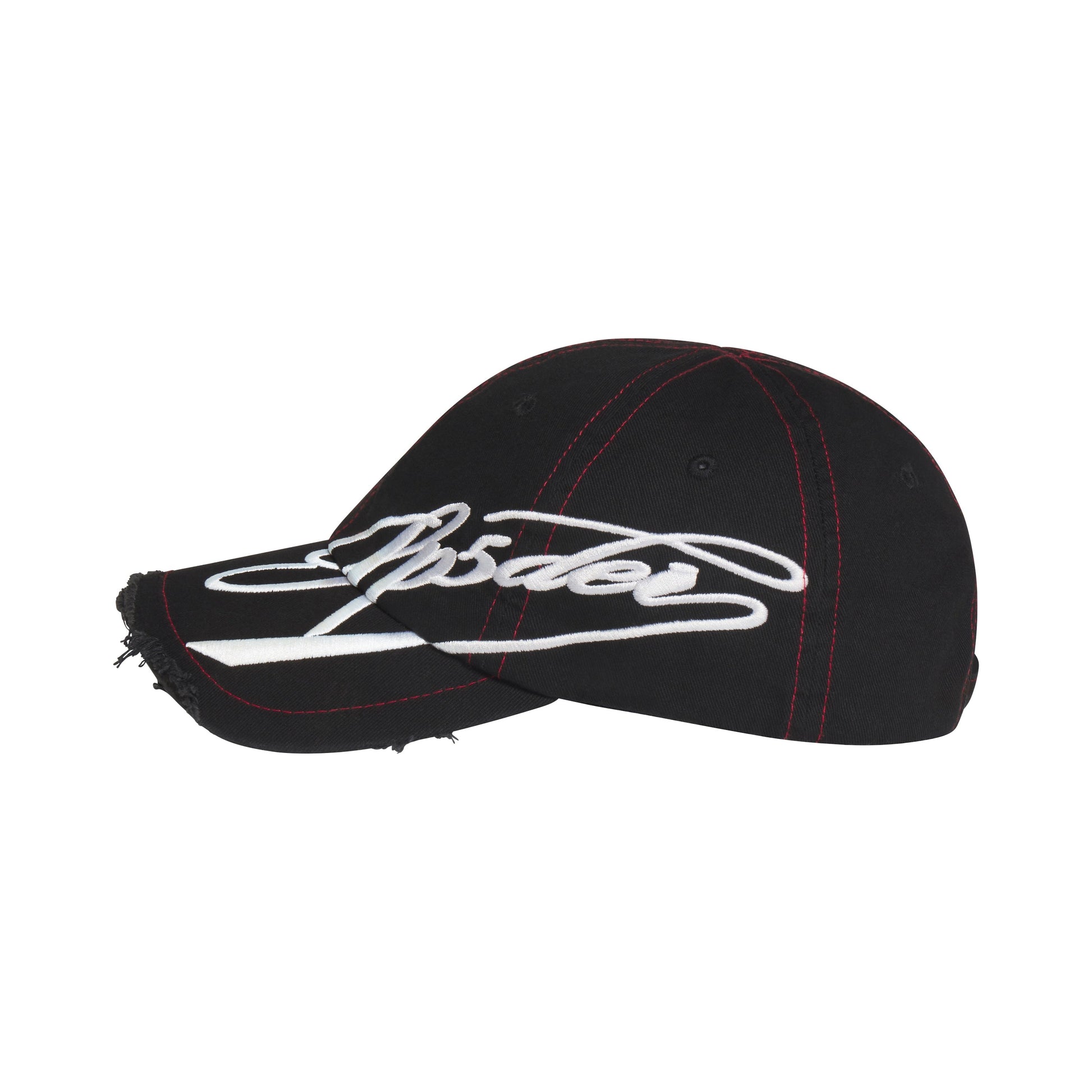 Black baseball cap with distressed brim, red contrast stitching, and white cursive embroidered graphic design.