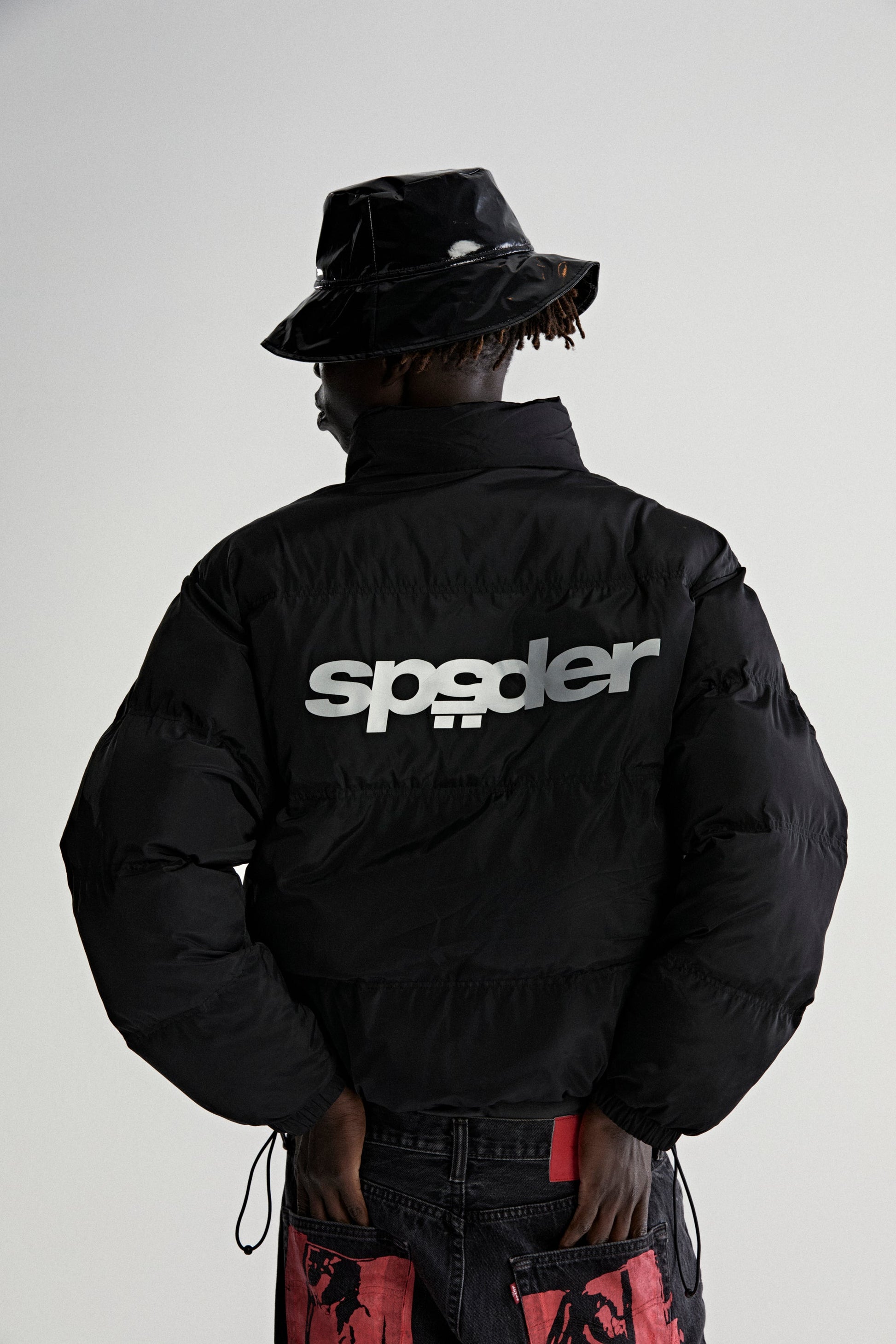 BLACK 5STAR PUFFER JACKET ON MODEL