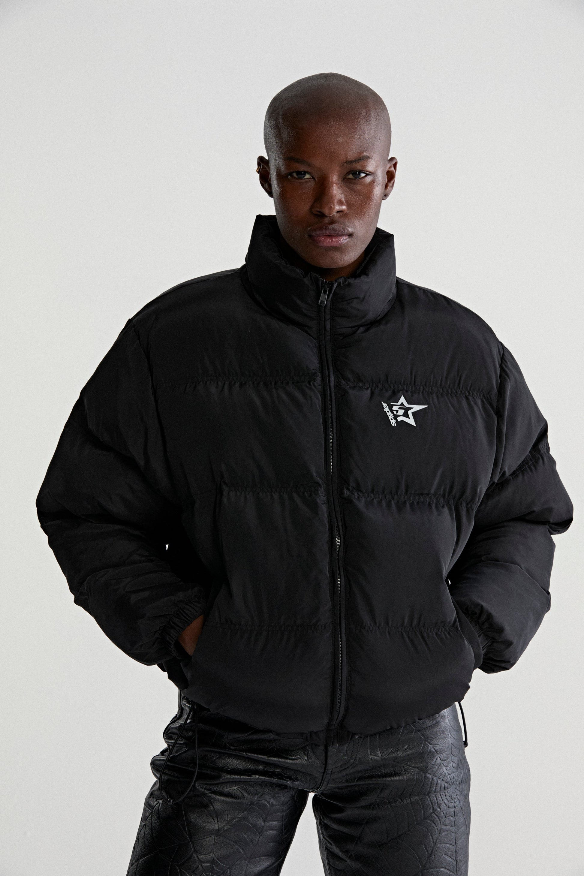 BLACK 5STAR PUFFER JACKET ON MODEL