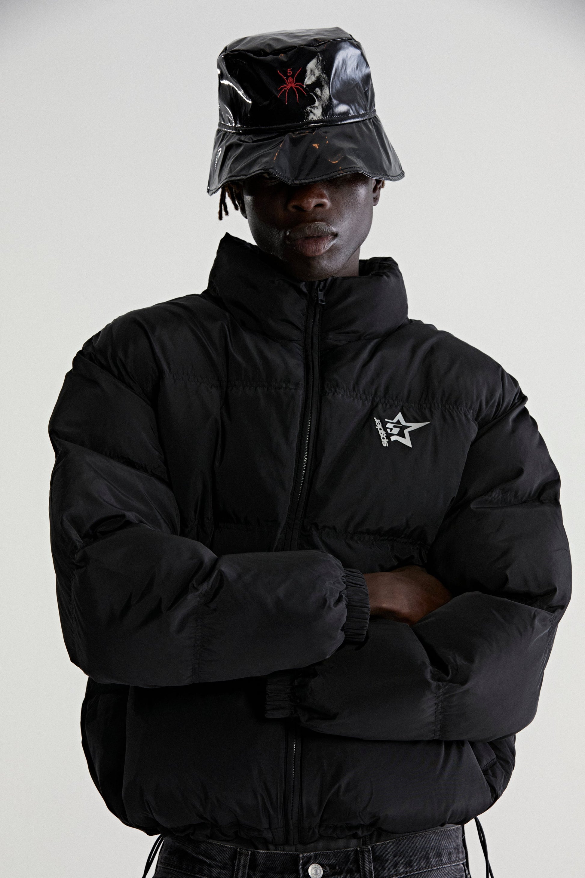 BLACK 5STAR PUFFER JACKET ON MODEL