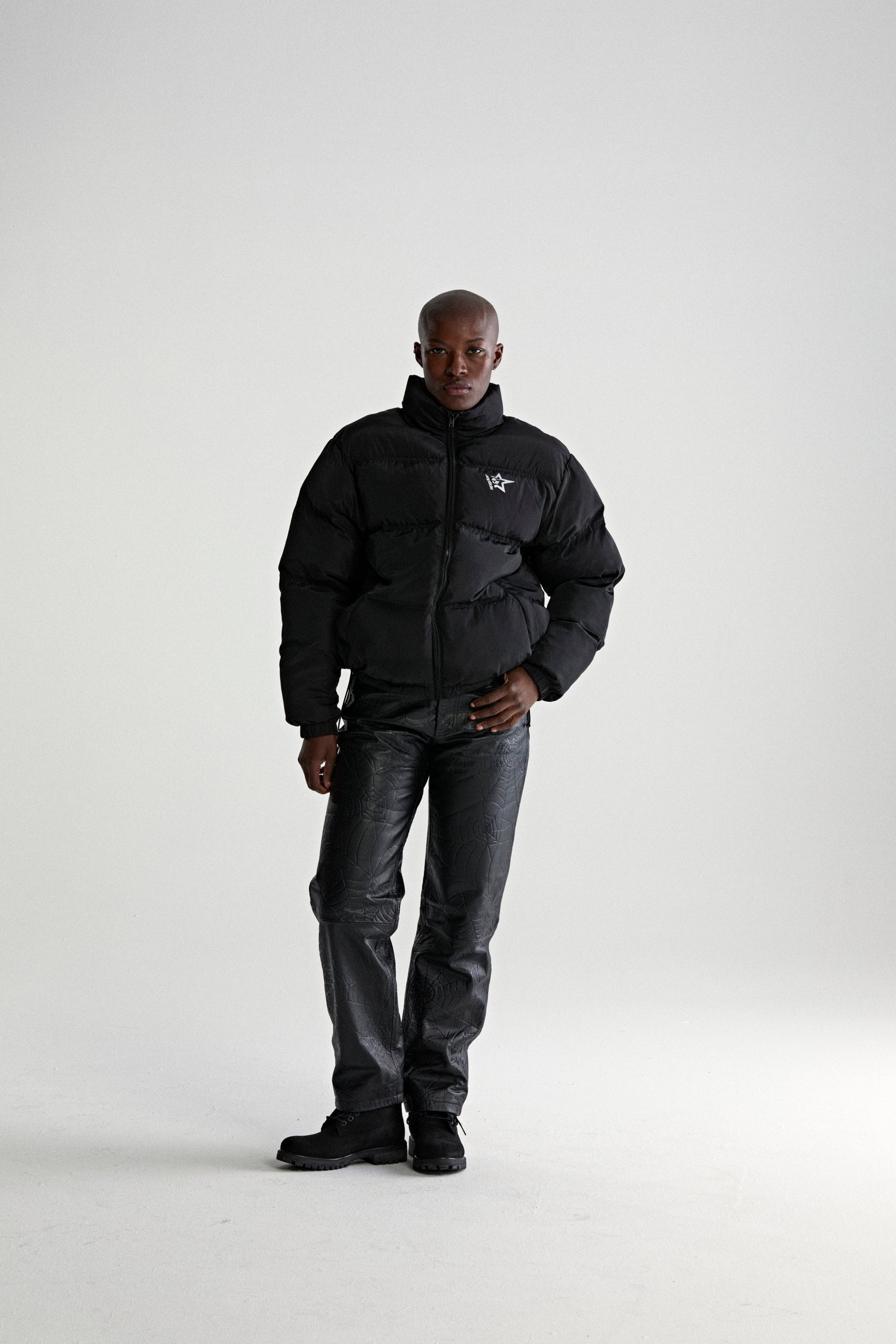 BLACK 5STAR PUFFER JACKET ON MODEL