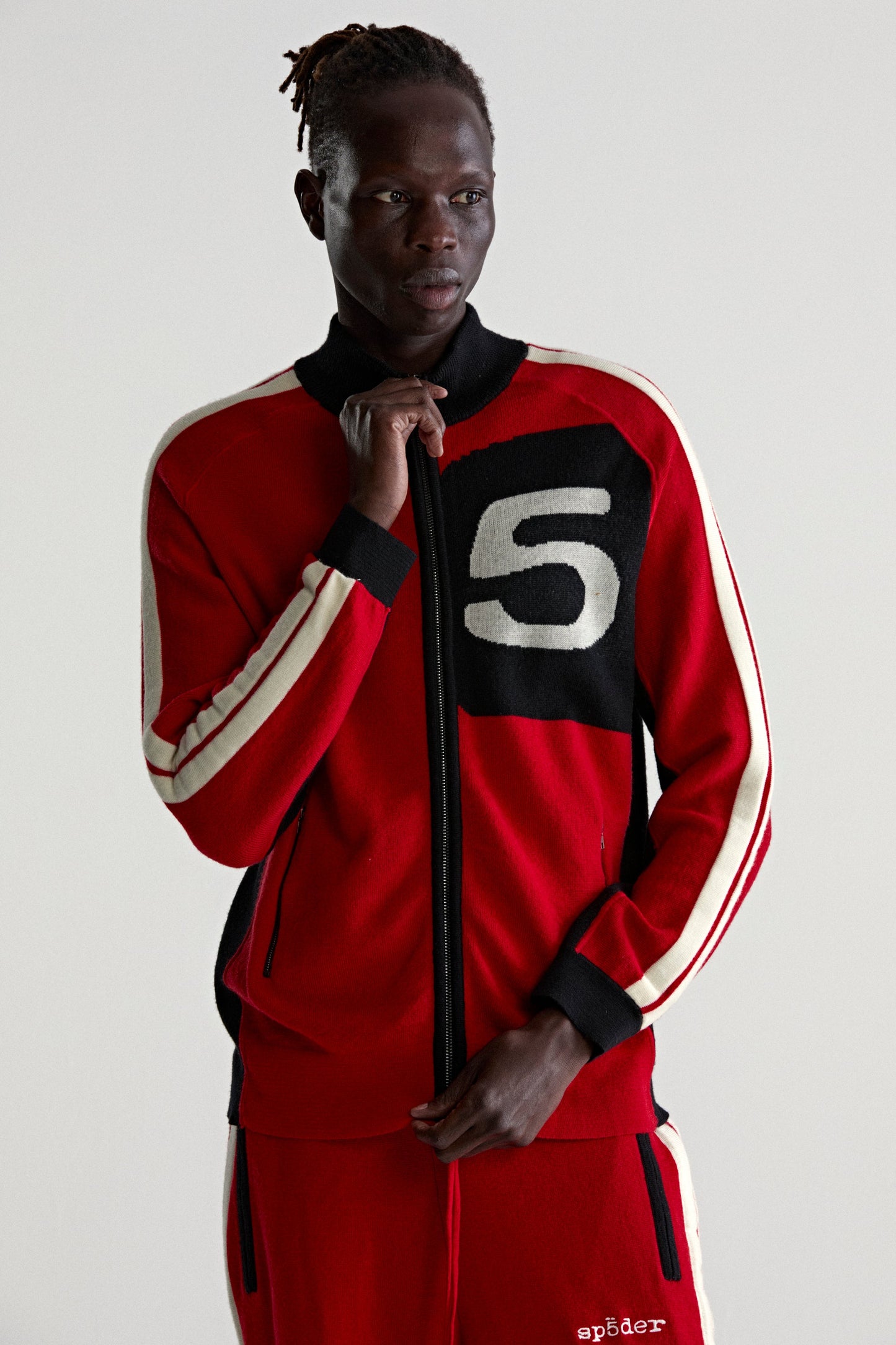 RED KNIT 5 TRACK JACKET ON MODEL