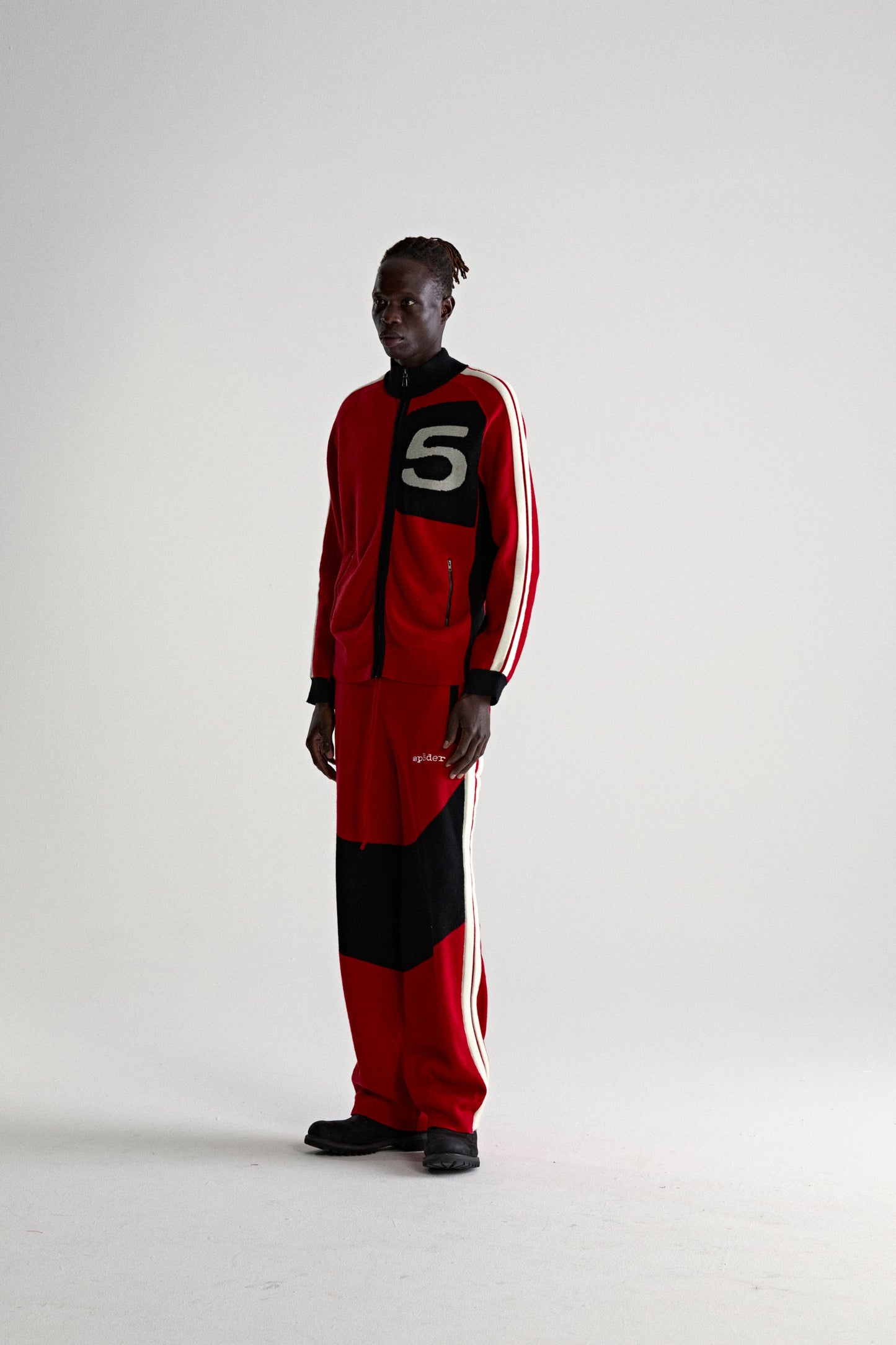 RED KNIT 5 TRACK JACKET ON MODEL