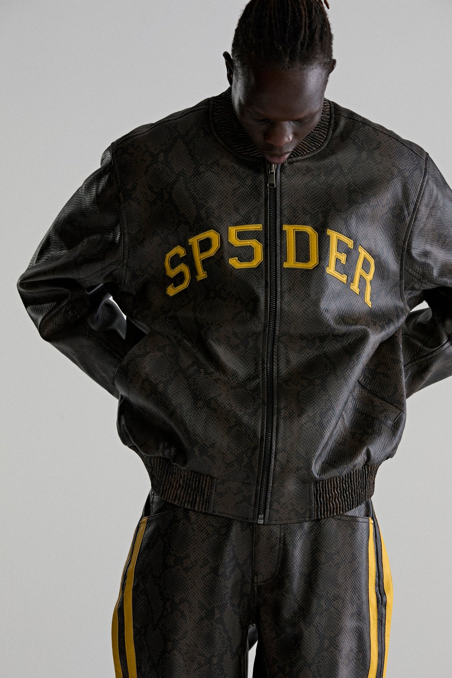 SNAKE LEATHER VARSITY BOMBER JACKET