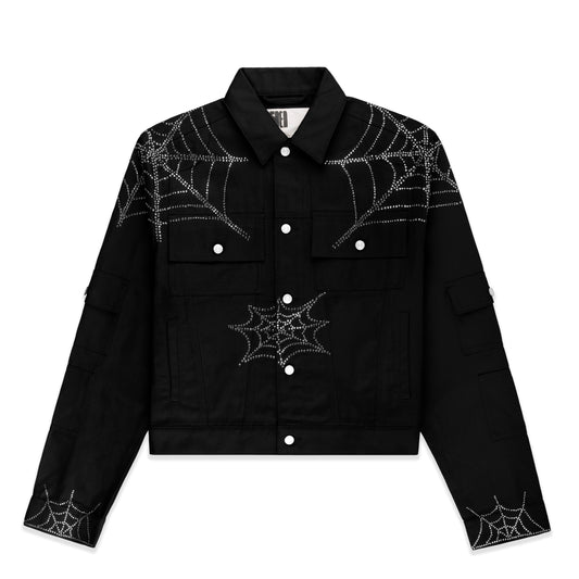 BLACK WEB DENIM CROPPED TRUCKER JACKET