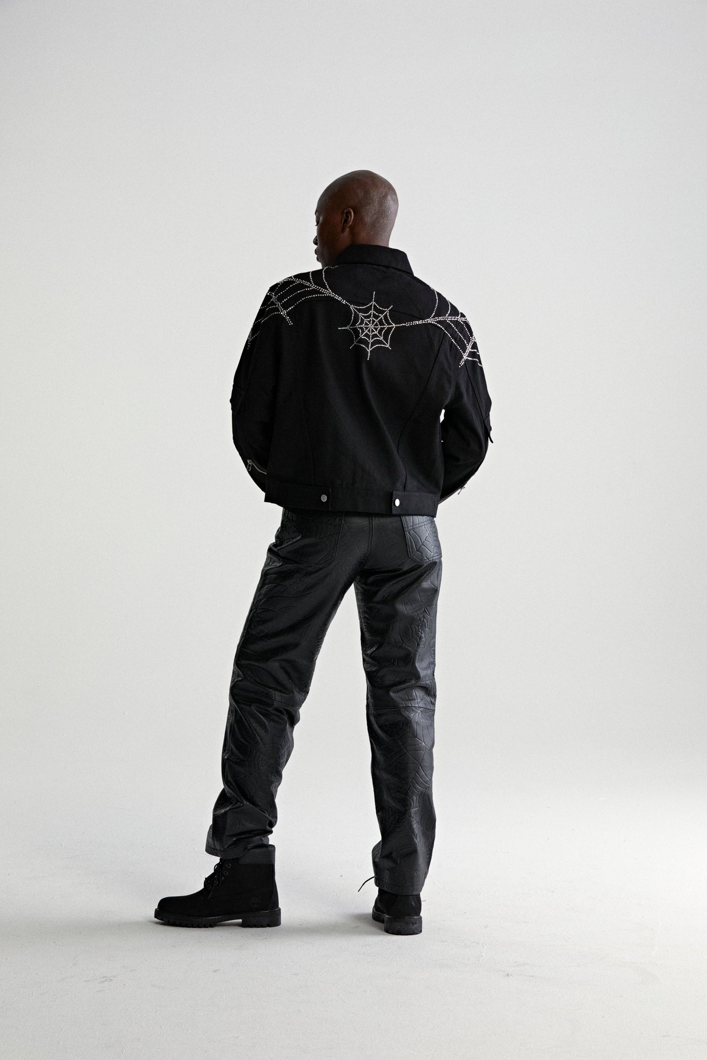 BLACK WEB DENIM CROPPED TRUCKER JACKET