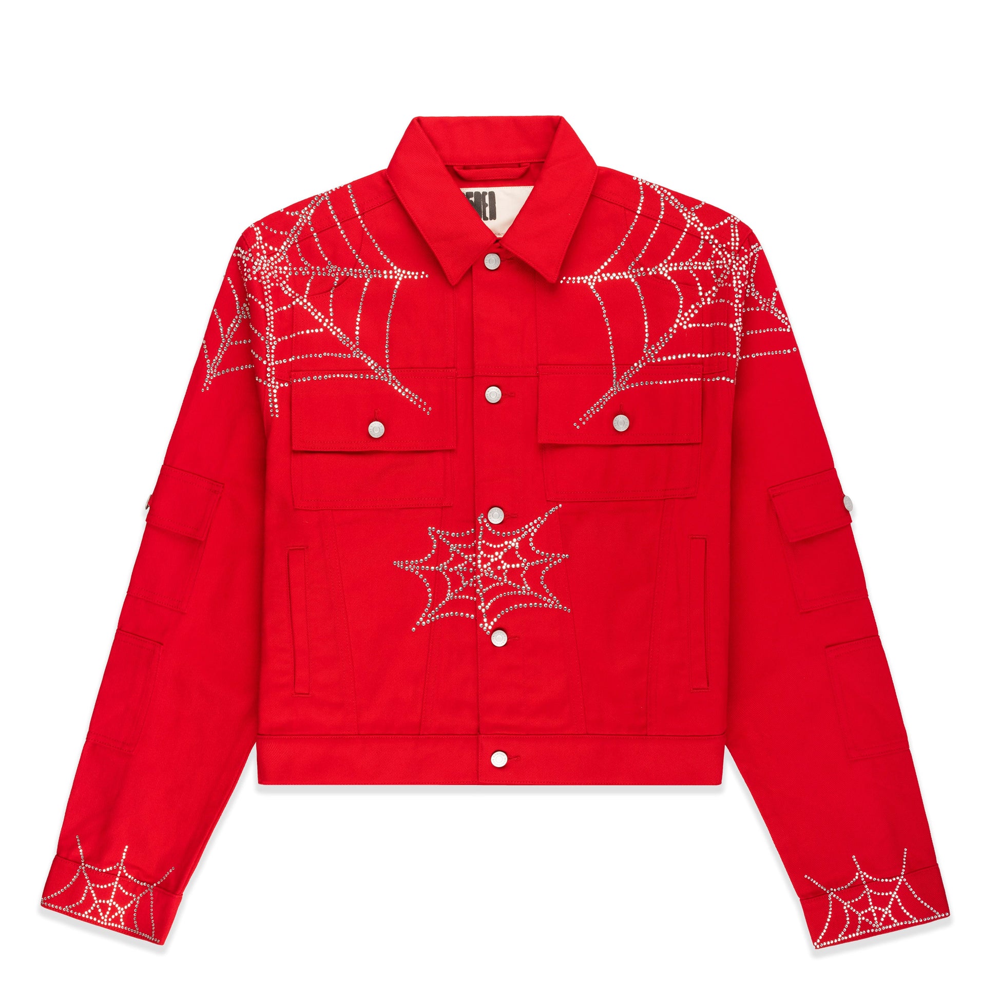 RED WEB DENIM CROPPED TRUCKER JACKET