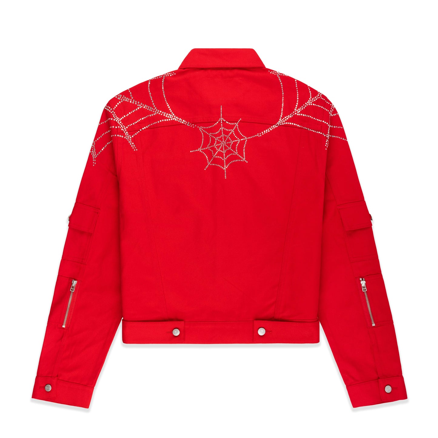 RED WEB DENIM CROPPED TRUCKER JACKET