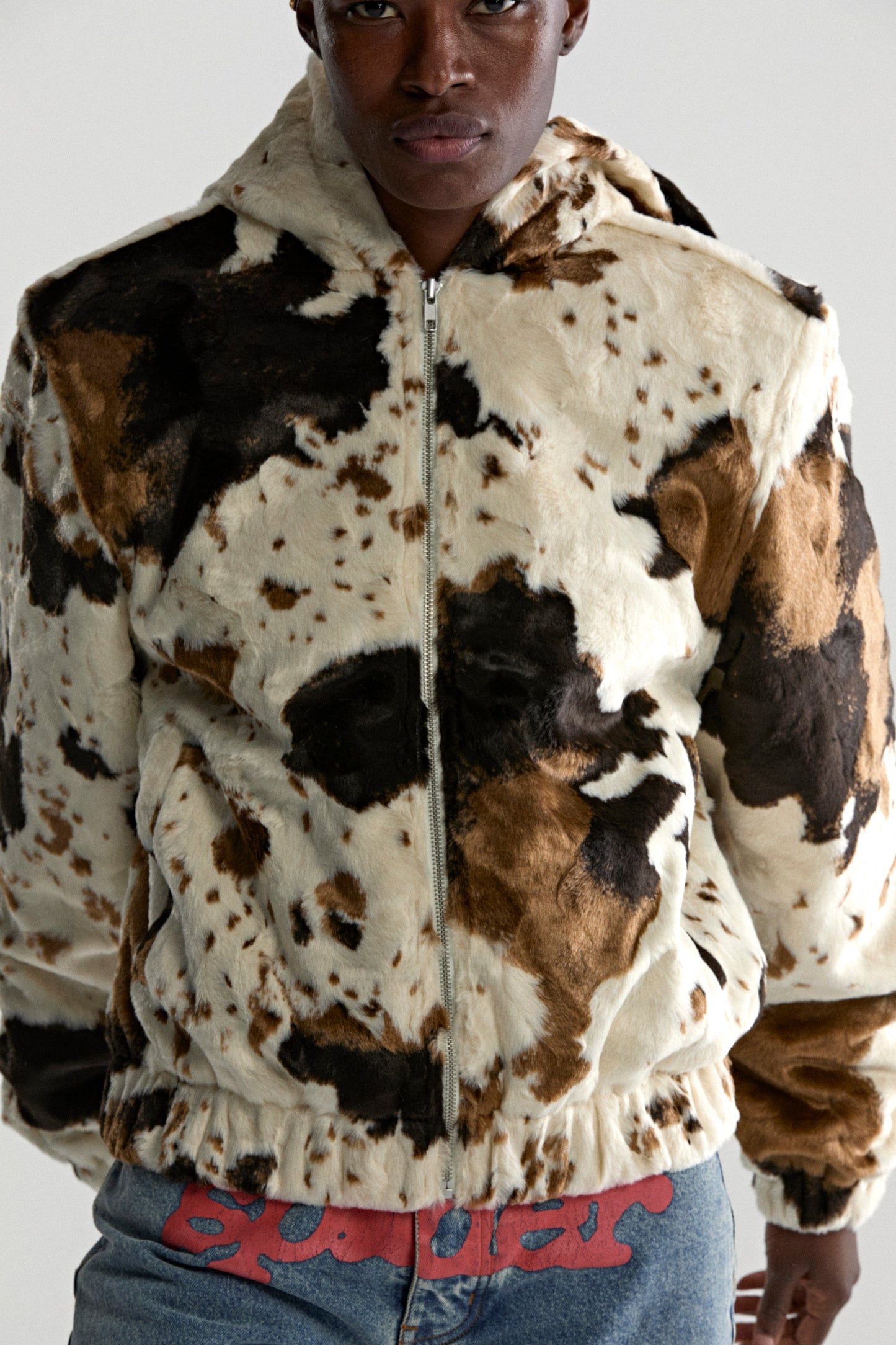 COW PRINT FAUX FUR JACKET