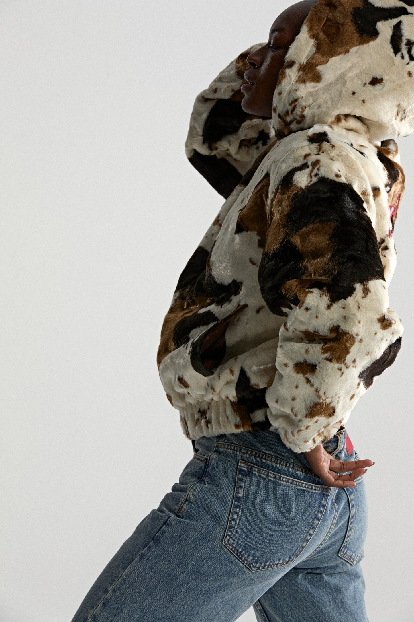 COW PRINT FAUX FUR JACKET