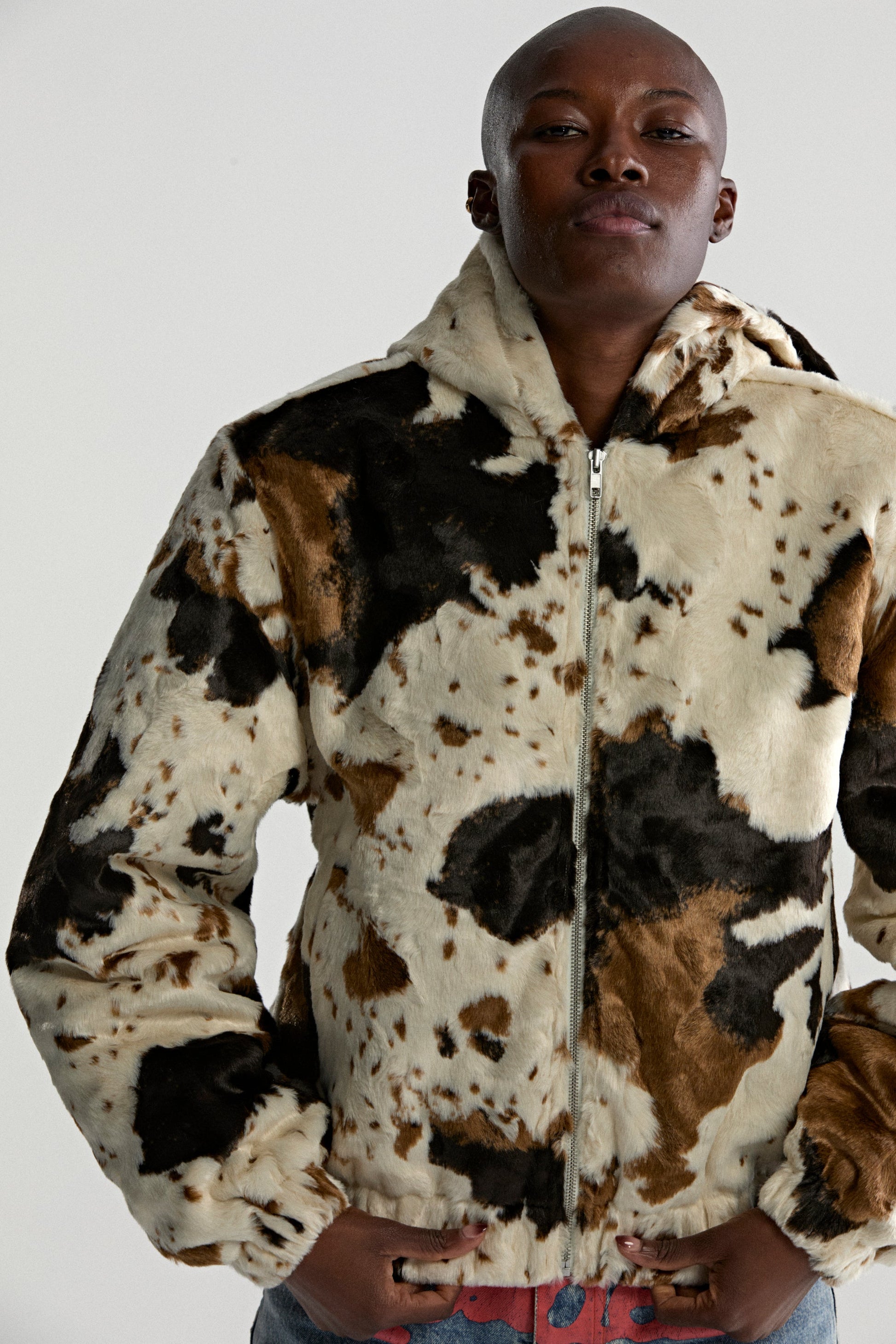 COW PRINT FAUX FUR JACKET