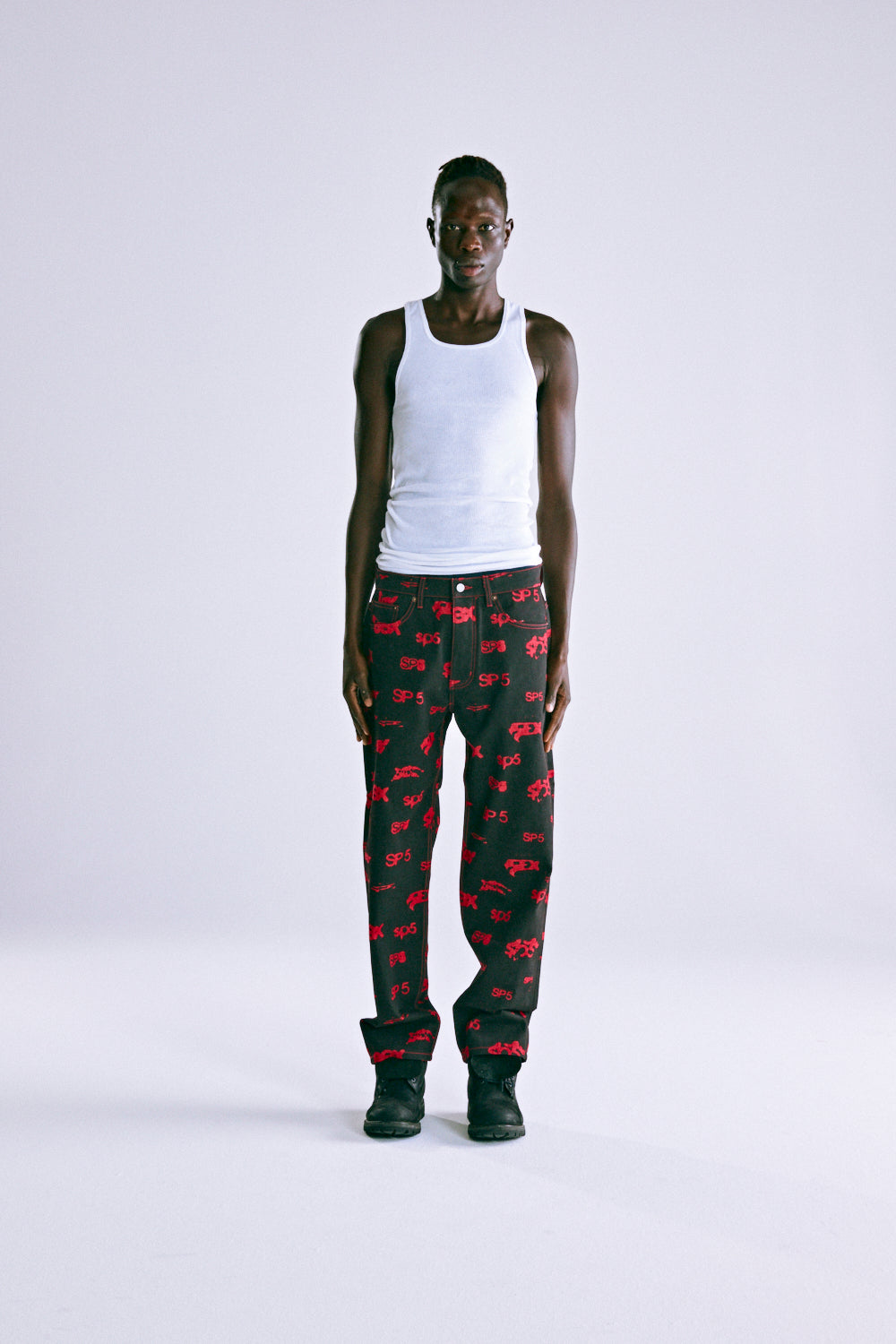 BLACK 5EX AOP DENIM PANT ON MODEL