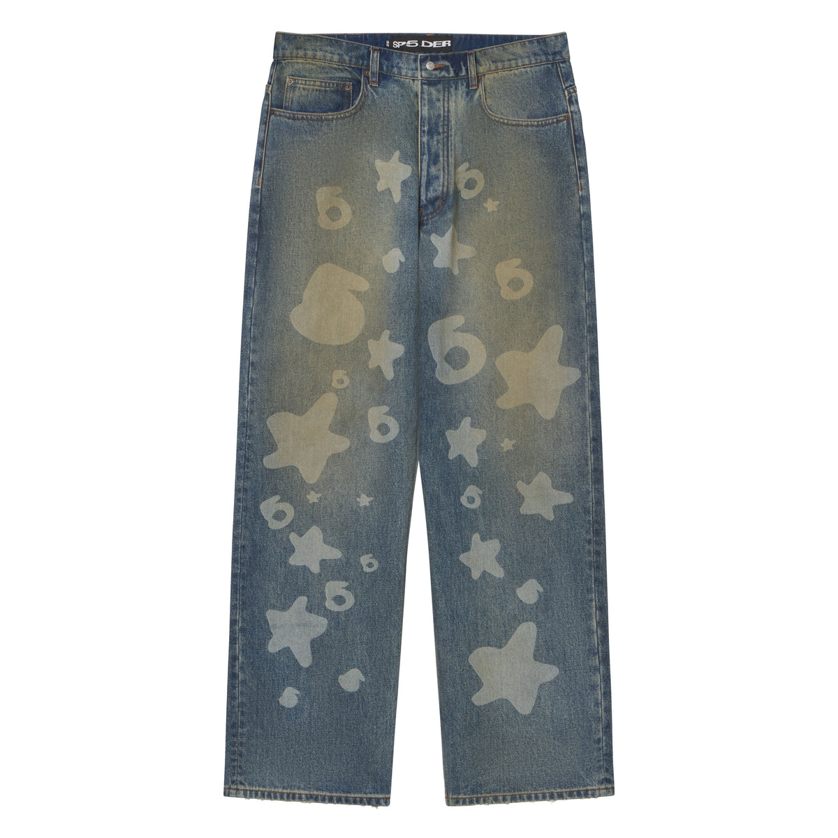 Straight-leg blue denim jeans with a faded Beluga graphic print, five-pocket styling, and custom branded hardware.